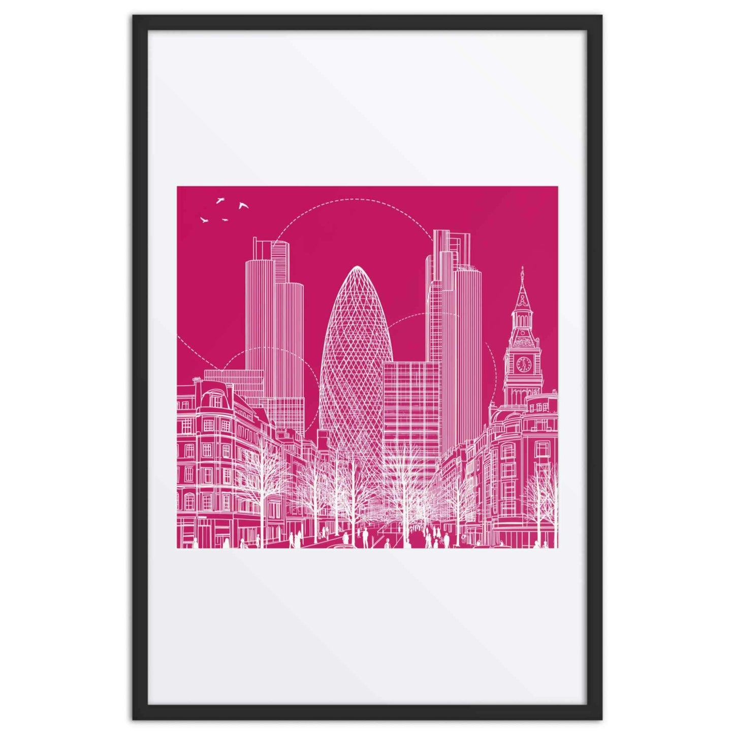 London wall art featuring a sophisticated line drawing which captures the vibrant energy of London, in a framed poster with black frame and thick mat. Dimension 24x36-In portrait. White background.