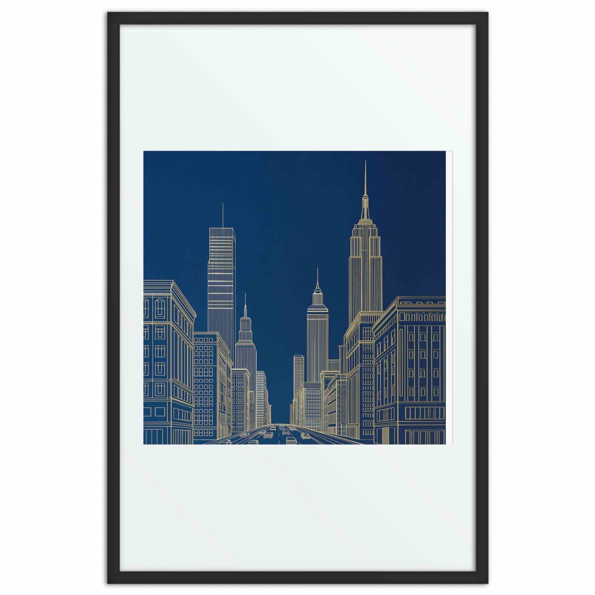 New York skyline line drawing in bold gold lines against a deep architectural blue, in a framed poster with mat. Black frame. Dimension 24x36In portrait. White background.