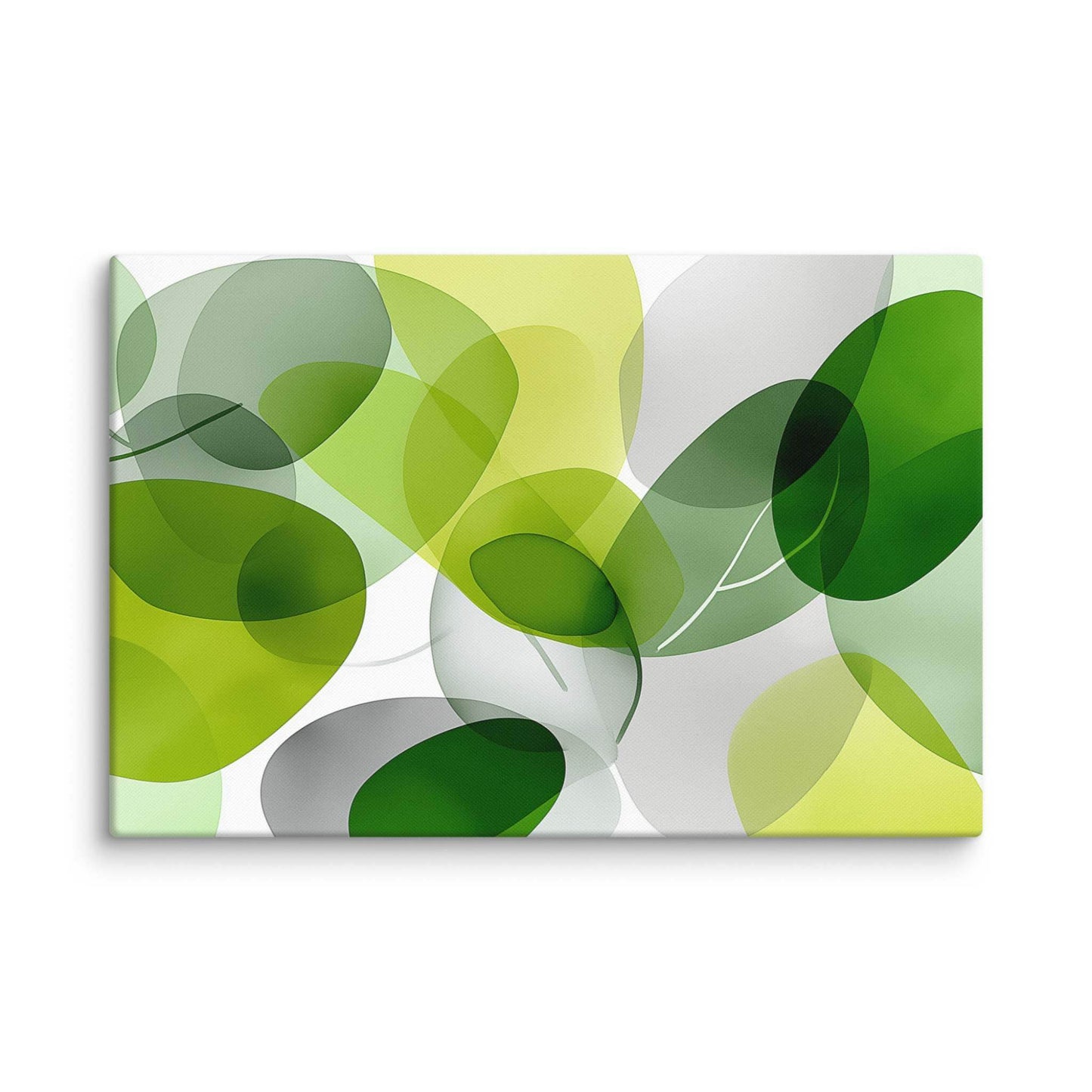Modern botanical artwork features layered, translucent green and chartreuse organic shapes for a lush, sophisticated feel on canvas. 24x36in landscape.