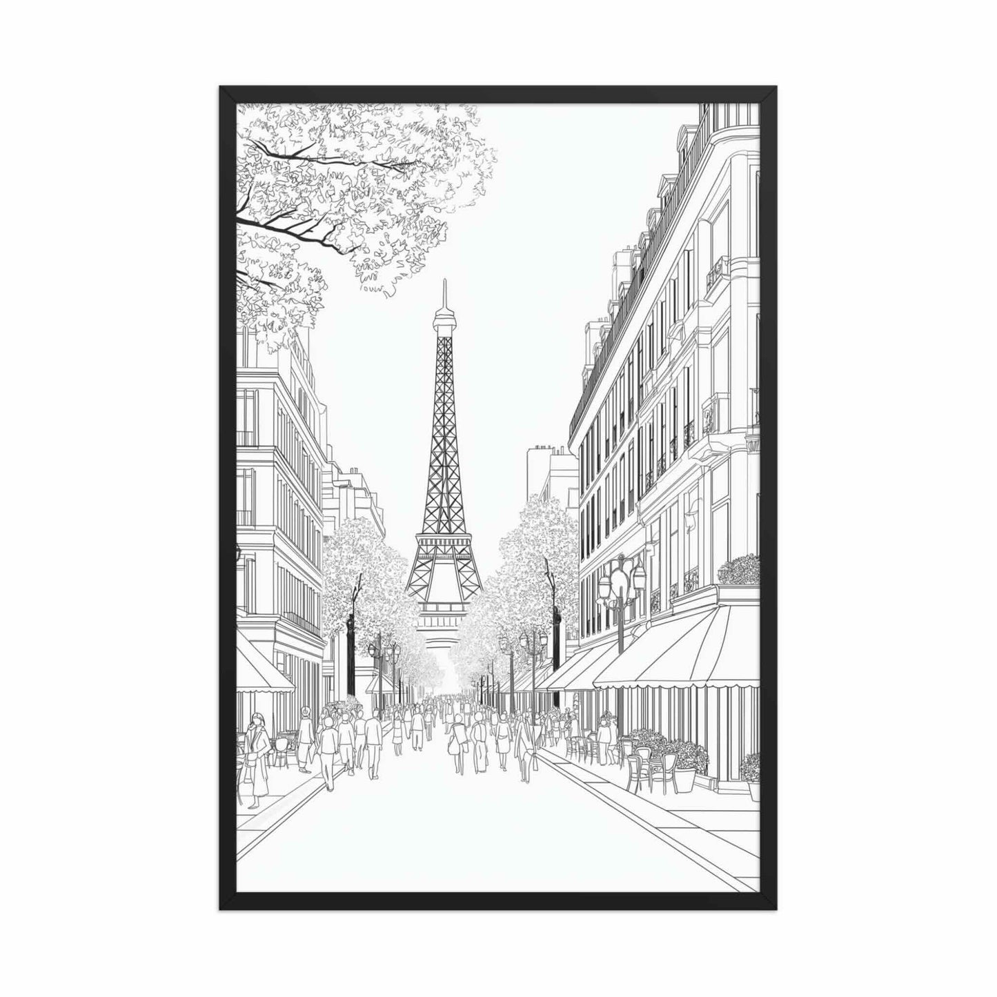 This Paris street drawing framed poster captures the iconic elegance of a French boulevard, in delicate black and white line art. Black Frame. Dimensions 24x36in portrait. White background.
