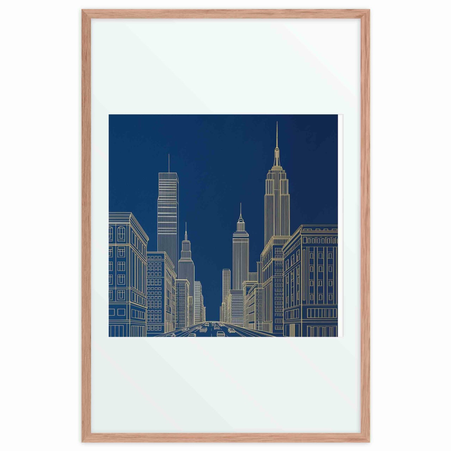 New York skyline line drawing in bold gold lines against a deep architectural blue, in a framed poster with mat. Red oak frame. Dimension 24x36In portrait. White background.
