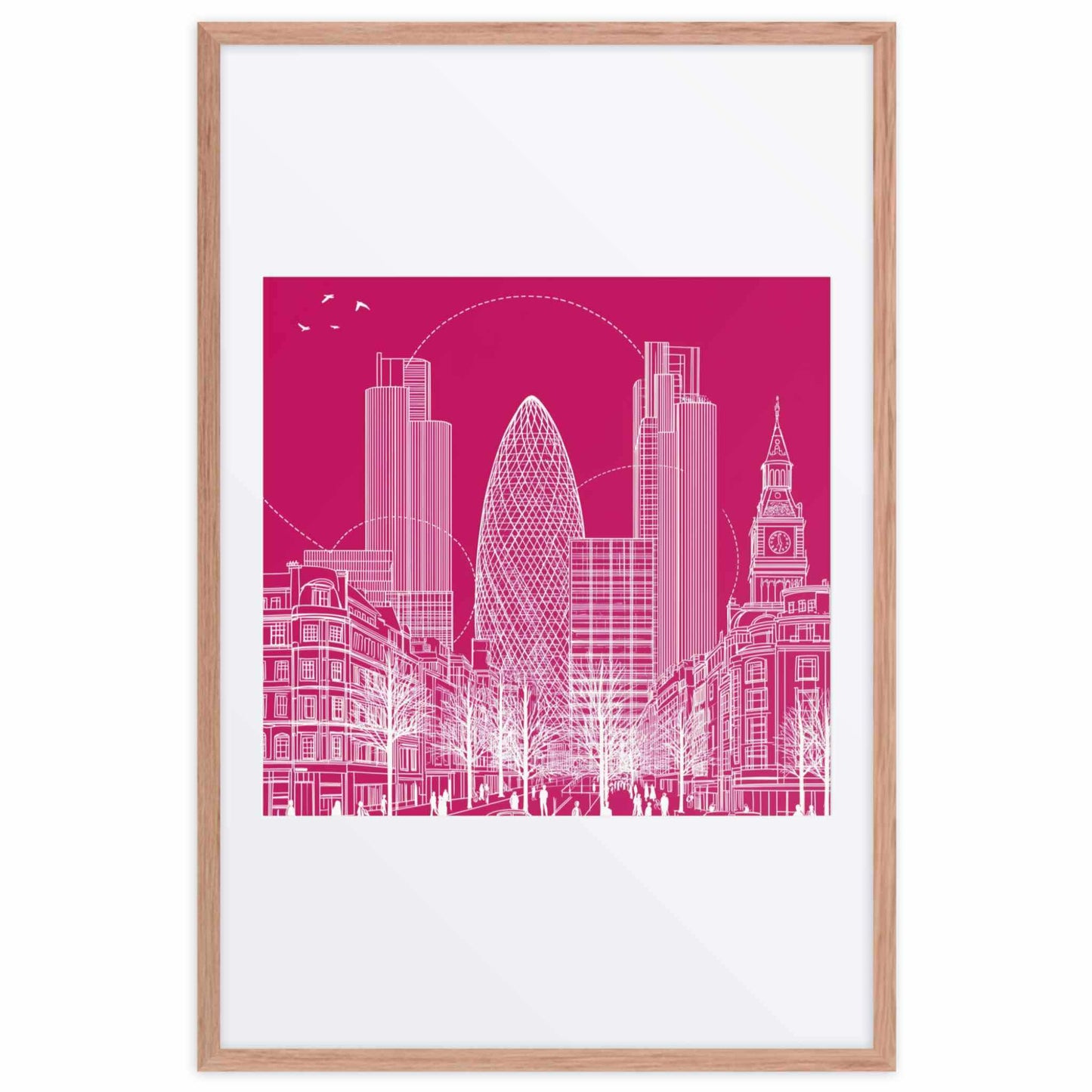 London wall art featuring a sophisticated line drawing which captures the vibrant energy of London, in a framed poster with red oak frame and thick mat. Dimension 24x36-In portrait. White background.
