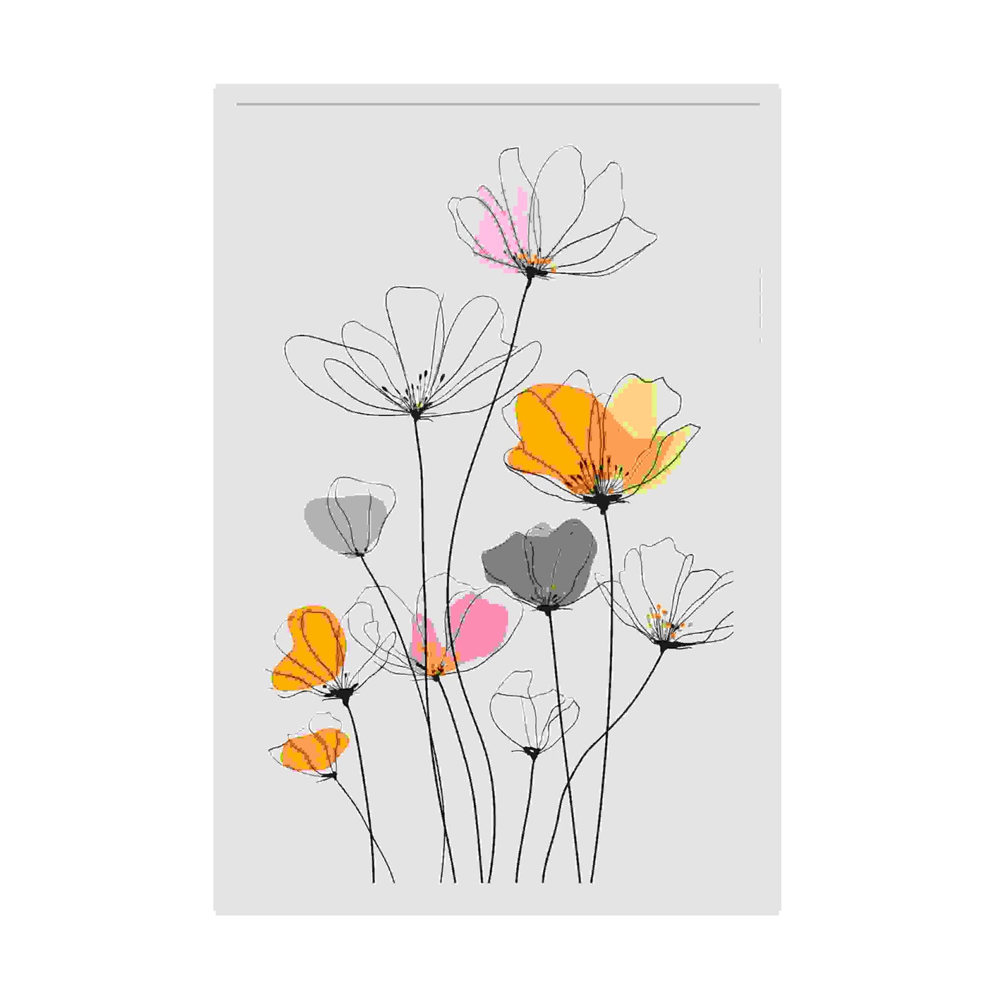 A stunning minimalist Line drawing flowers art print. Delicate black lines meet soft, abstract watercolors in peach, orange. White frame. Dimension 24x36In portrait. White background.