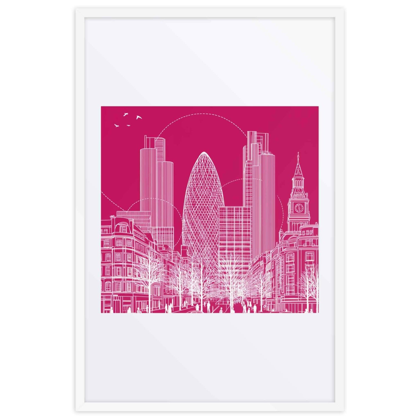 London wall art featuring a sophisticated line drawing which captures the vibrant energy of London, in a framed poster with white frame and thick mat. Dimension 24x36-In portrait. White background.