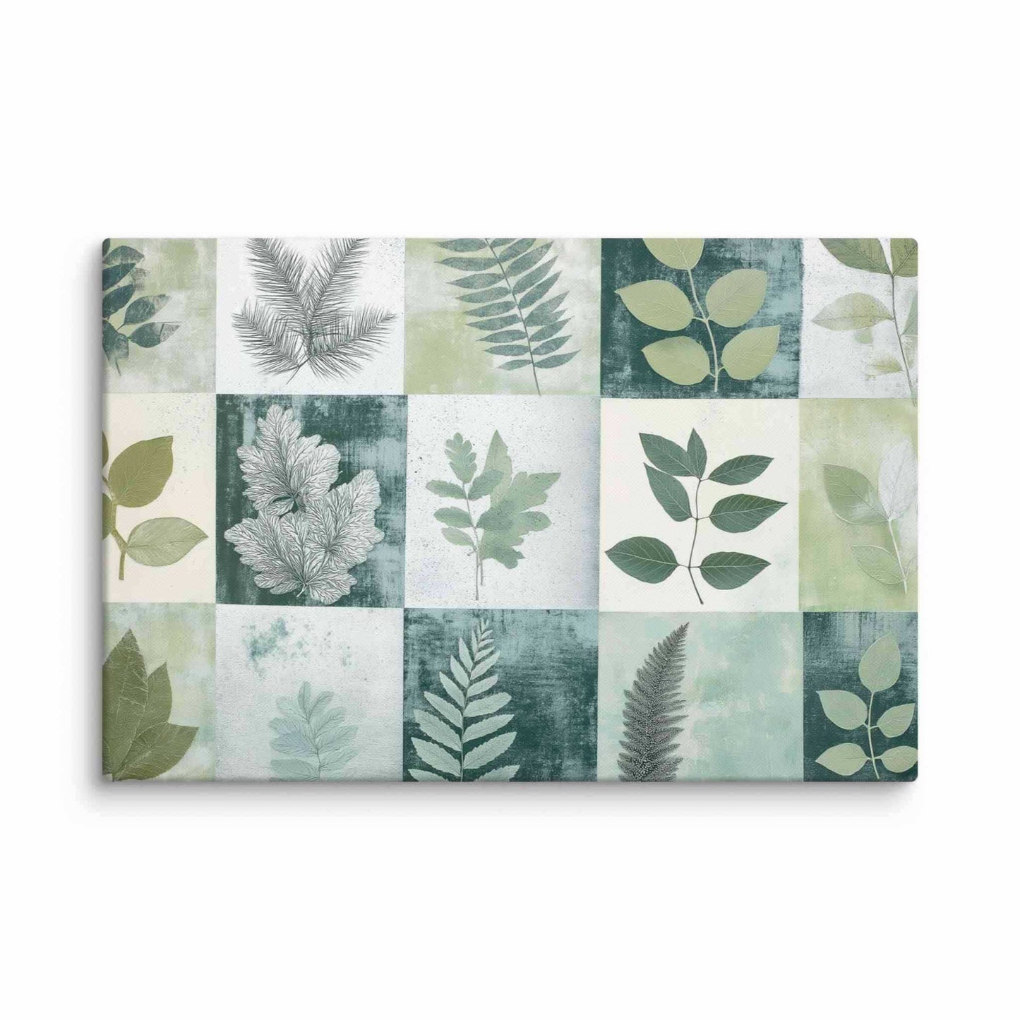 Discover "PHOTOTYPE17," a landscape canvas print showcasing a mesmerizing green botanical cyanotype collage. This unique artwork features an artistic grid of striking leaves. Experience the serene yet scientific beauty of this modern herbarium-inspired piece. Perfect for adding a touch of natural sophistication to your space. 24x36 inch landscape dimension. White background.