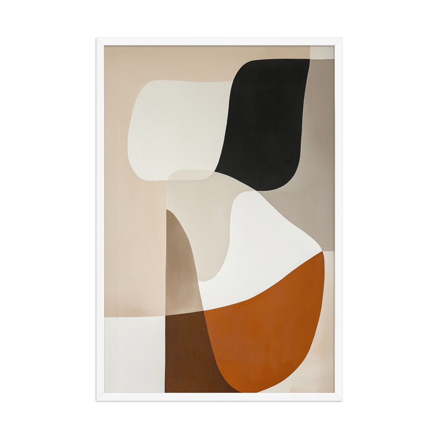 Discover "ORVAN," a sophisticated framed poster featuring elegant, organic abstract art in warm neutrals. Beige, cream, taupe, terracotta, rust, and black blend with smooth transitions, creating calming yet visually captivating piece. 24x36 inches portrait dimension. Framed in wood in white color. White background.
