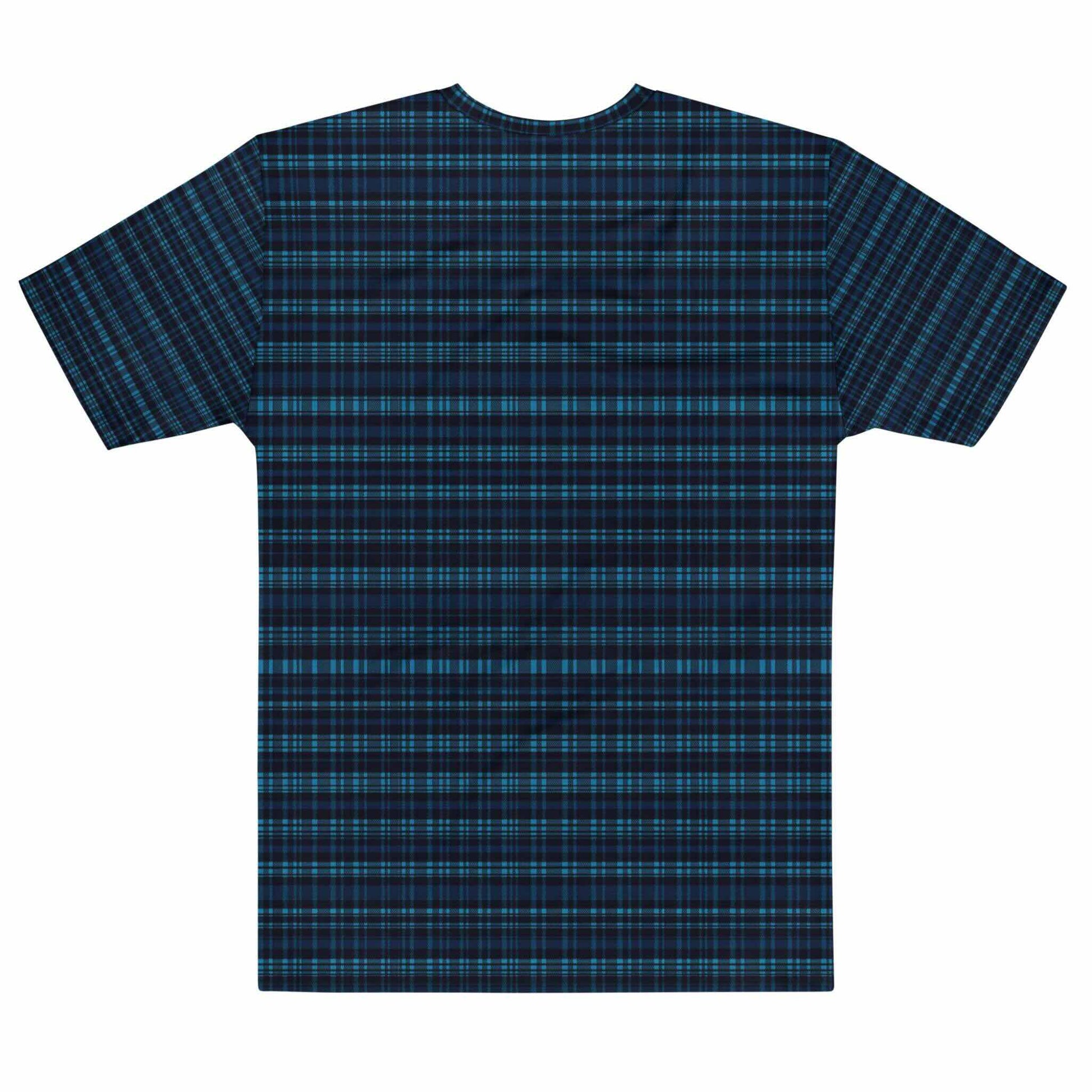 Flat lay of the back of a plaid dark blue all-over-print tshirt, in a plaid design that blends modern structure with timeless charm, offering a sophisticated yet versatile look.