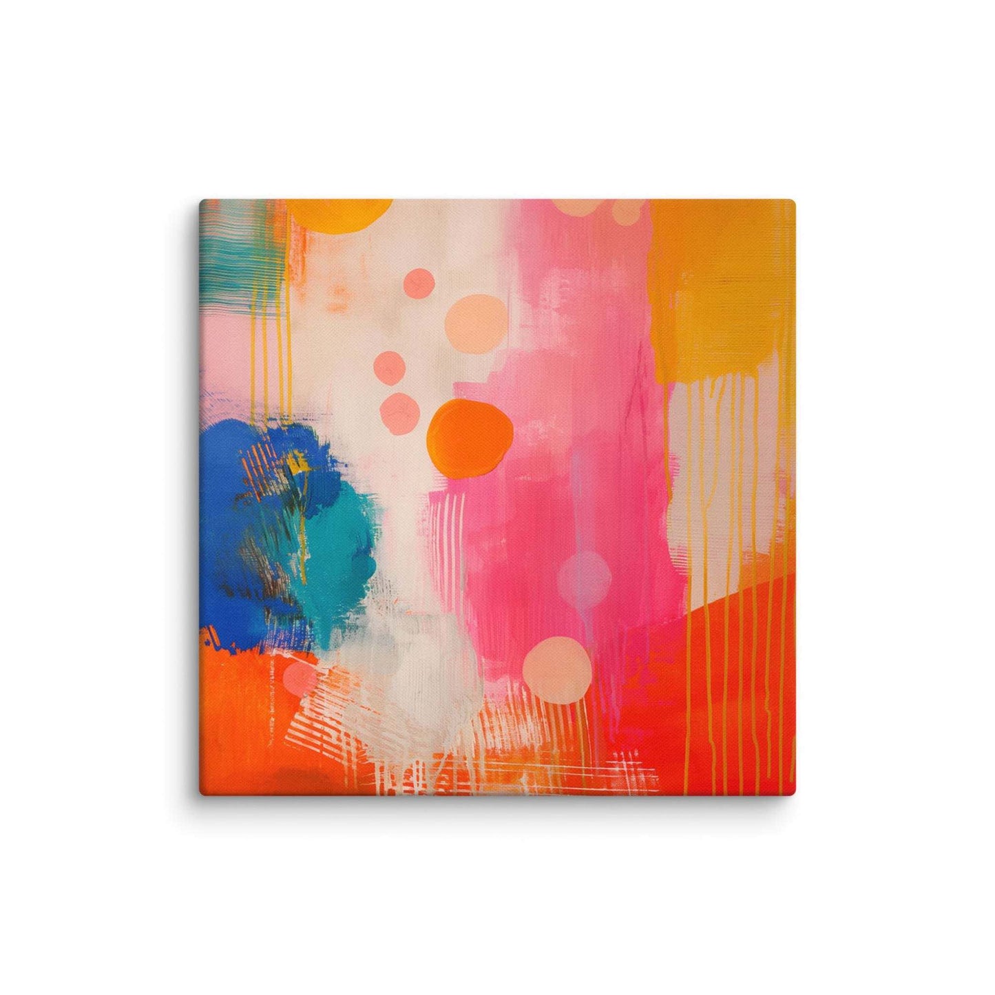 A stunning abstract canvas print featuring eye-catching artwork patches in red, orange, pink, blue and cream. This playful and sophisticated piece is in a 28x28 inches dimension.