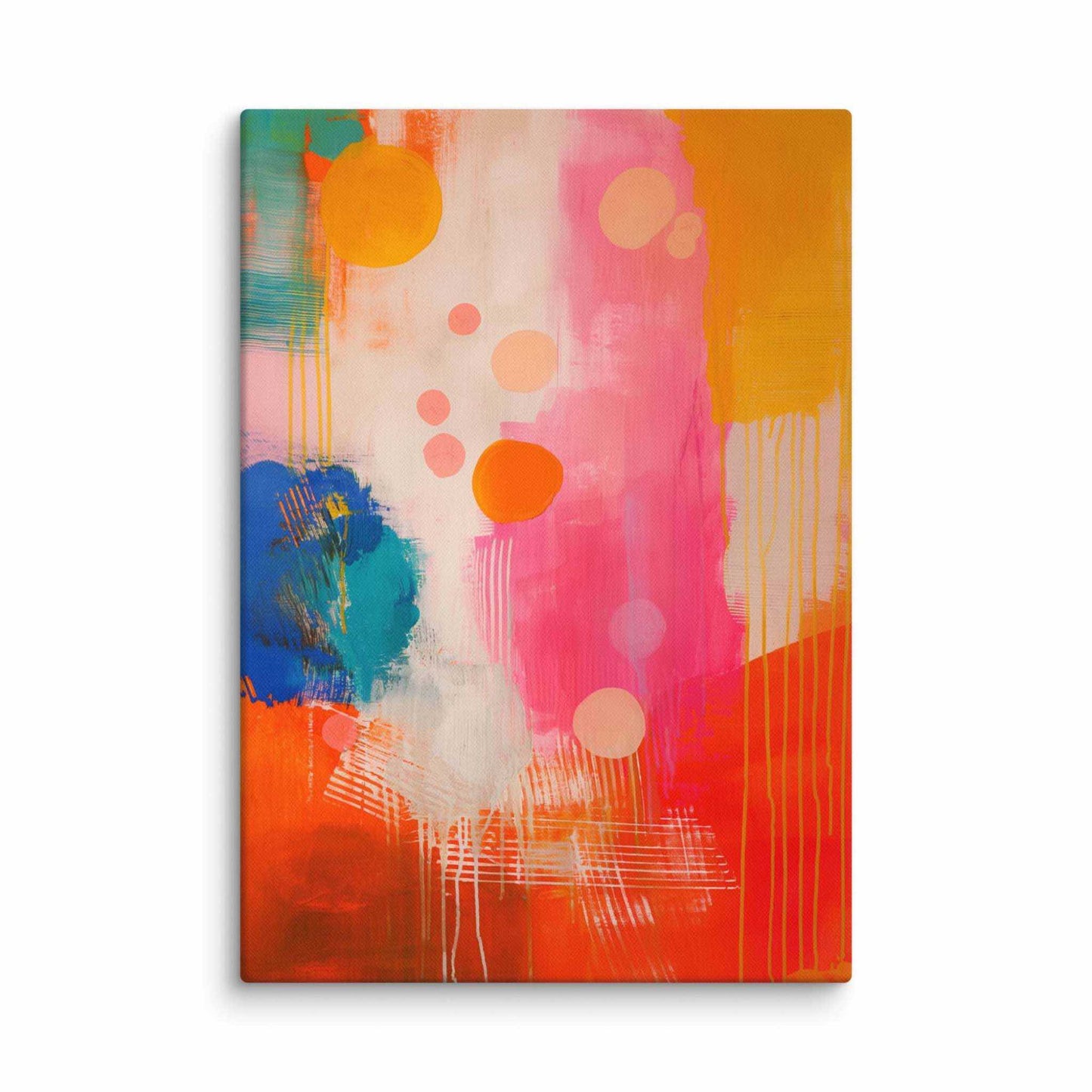 A stunning abstract canvas print featuring eye-catching artwork patches in red, orange, pink, blue and cream. This playful and sophisticated piece is in a 28x40 inches dimension.