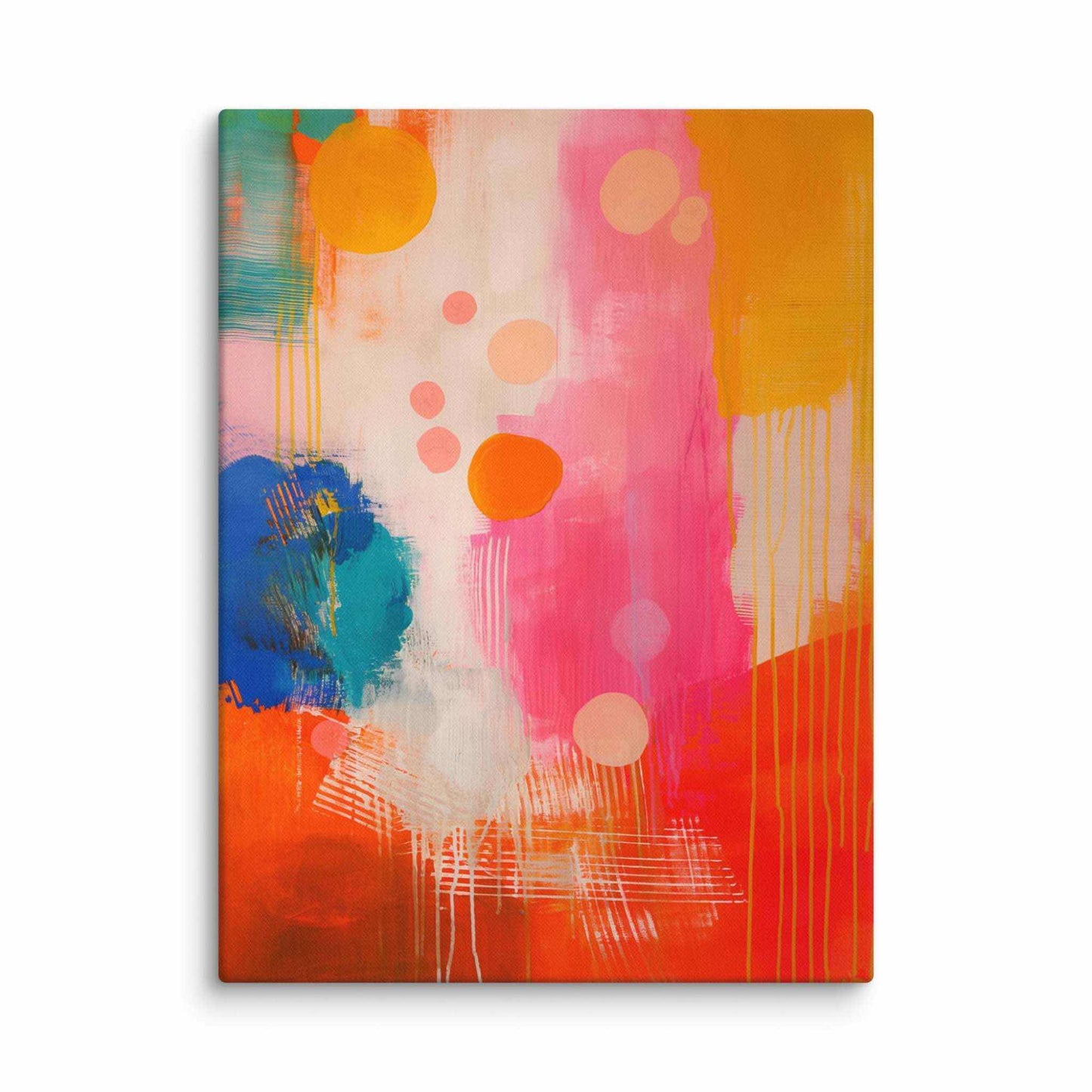 A stunning abstract canvas print featuring eye-catching artwork patches in red, orange, pink, blue and cream. This playful and sophisticated piece is in a 30x40 inches dimension.