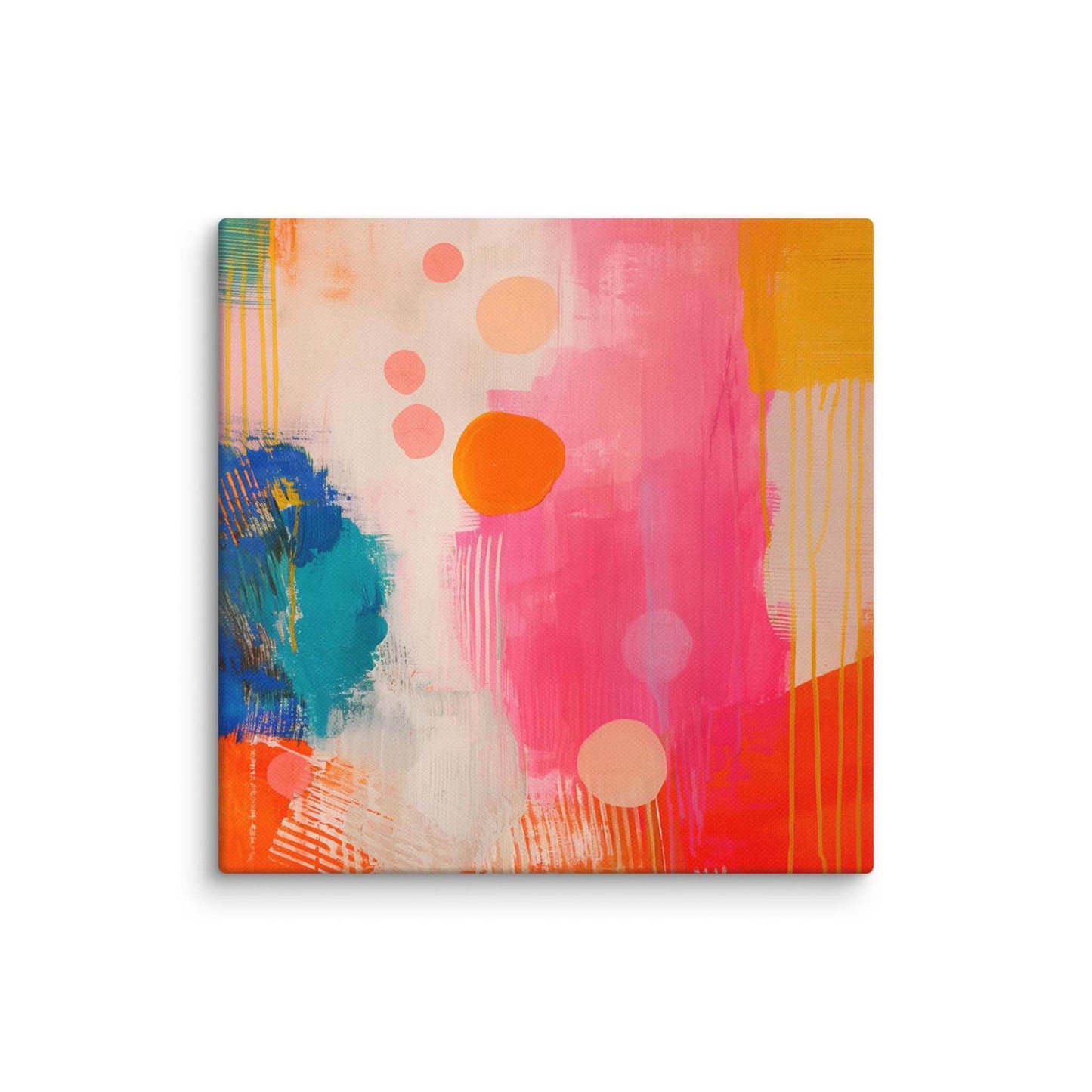 A stunning abstract canvas print featuring eye-catching artwork patches in red, orange, pink, blue and cream. This playful and sophisticated piece is in a 10x10 inches dimension.