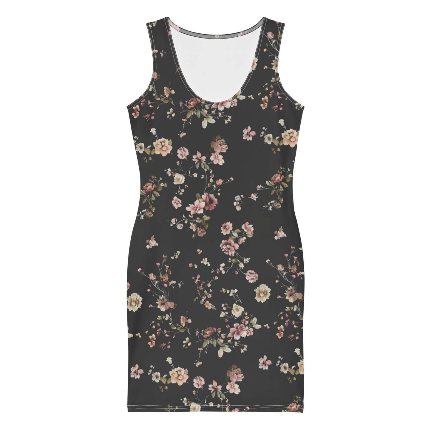 Flat lay of the front of a bodycon dress which features a design of pink flowers against a black background