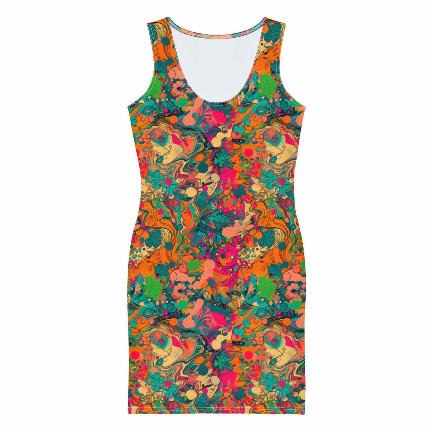 latlay of a sleeveless bodycon dress, front side of dress facing camera. The dress features an abstract floral which is predominantly pink and orange. The effect is colourful and tropical.