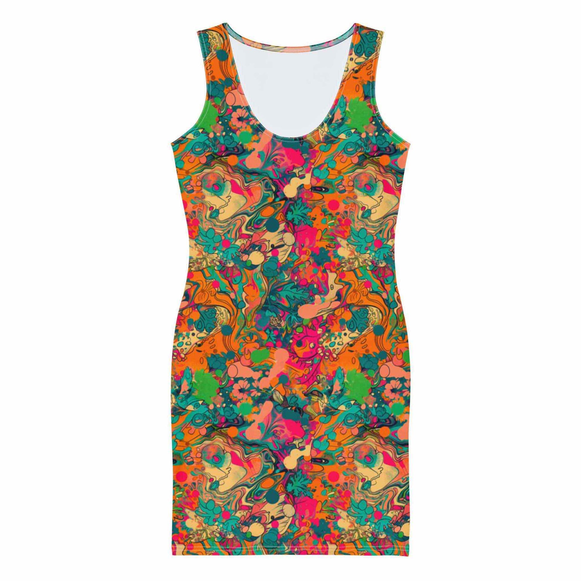 latlay of a sleeveless bodycon dress, front side of dress facing camera. The dress features an abstract floral which is predominantly pink and orange. The effect is colourful and tropical.