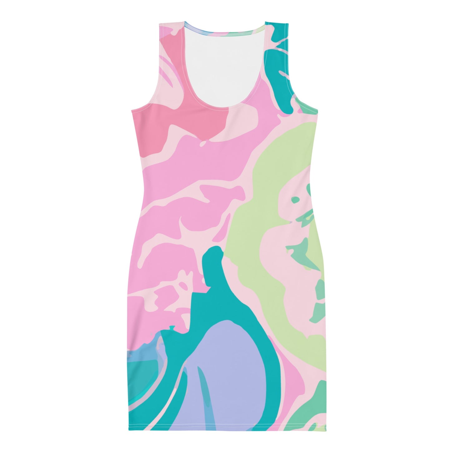 Flatlay of the front of a pink floral dress; a bodycon which features an abstract floral design in soft pinks, greens, and blues. 