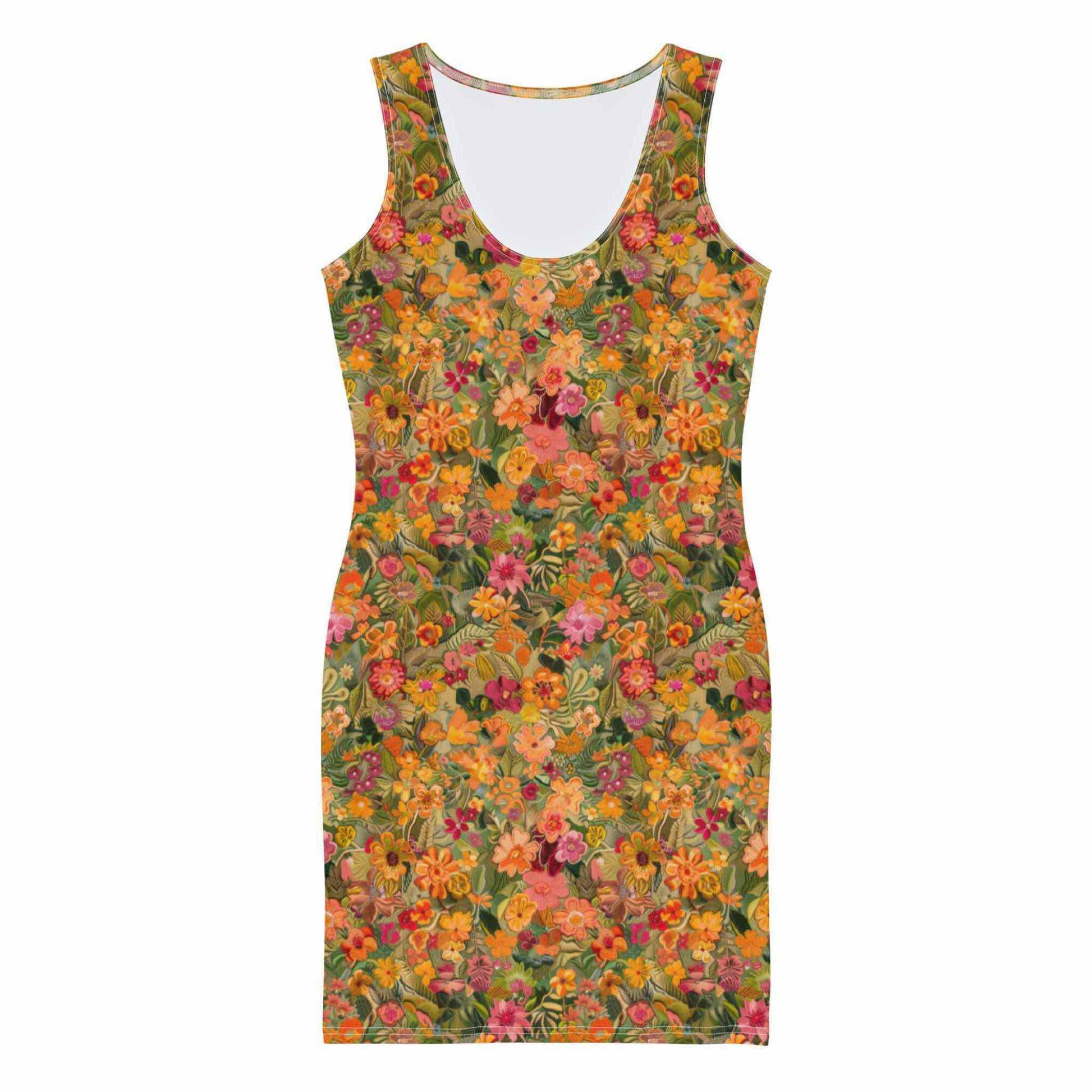 Flatlay of the front of a sleeveless bodycon dress which features an anstract floral design in primarily orange shade. 