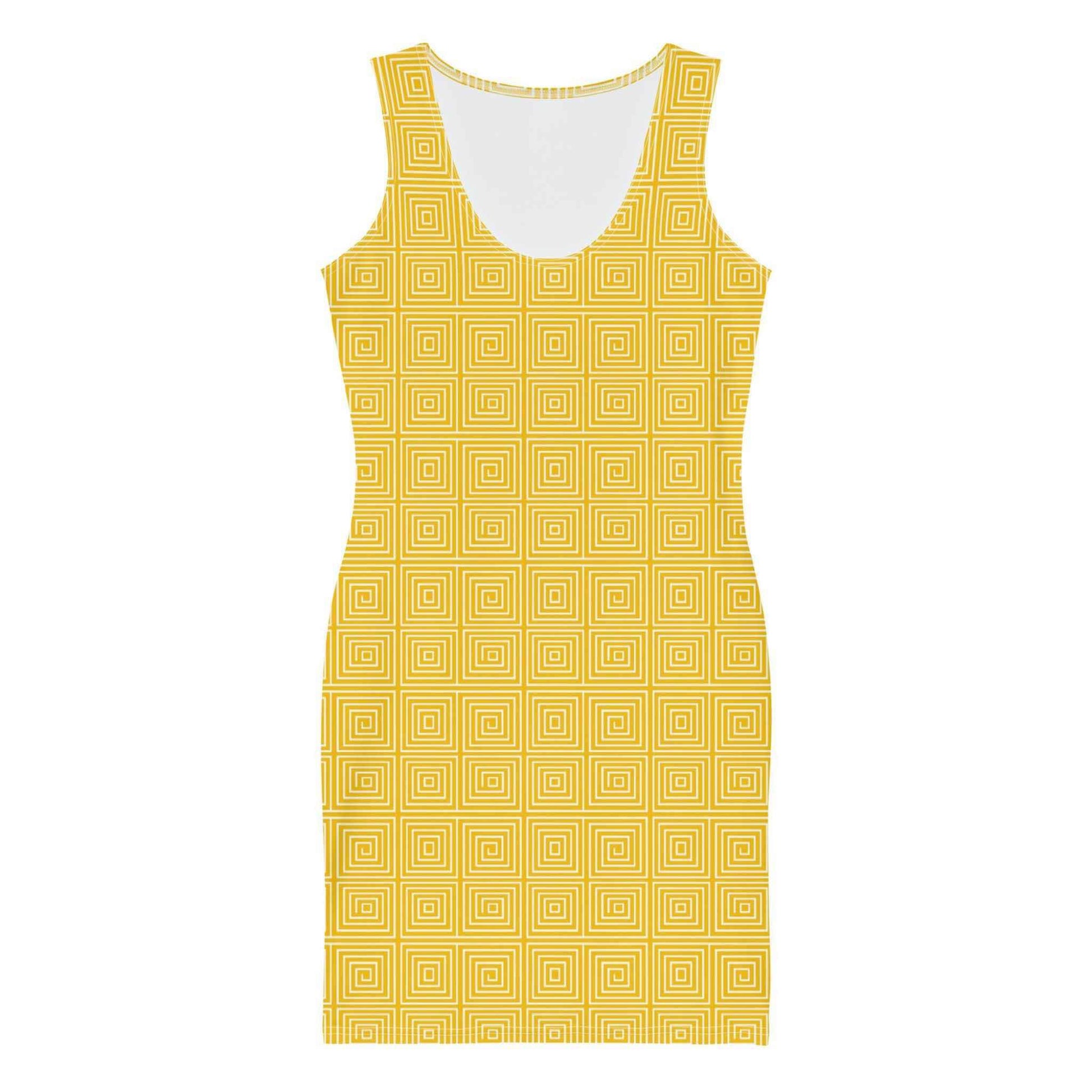 A flatlay of the front of a yellow and white bodycon dress which features an elegant and artsy yellow and white op art illusion pattern.