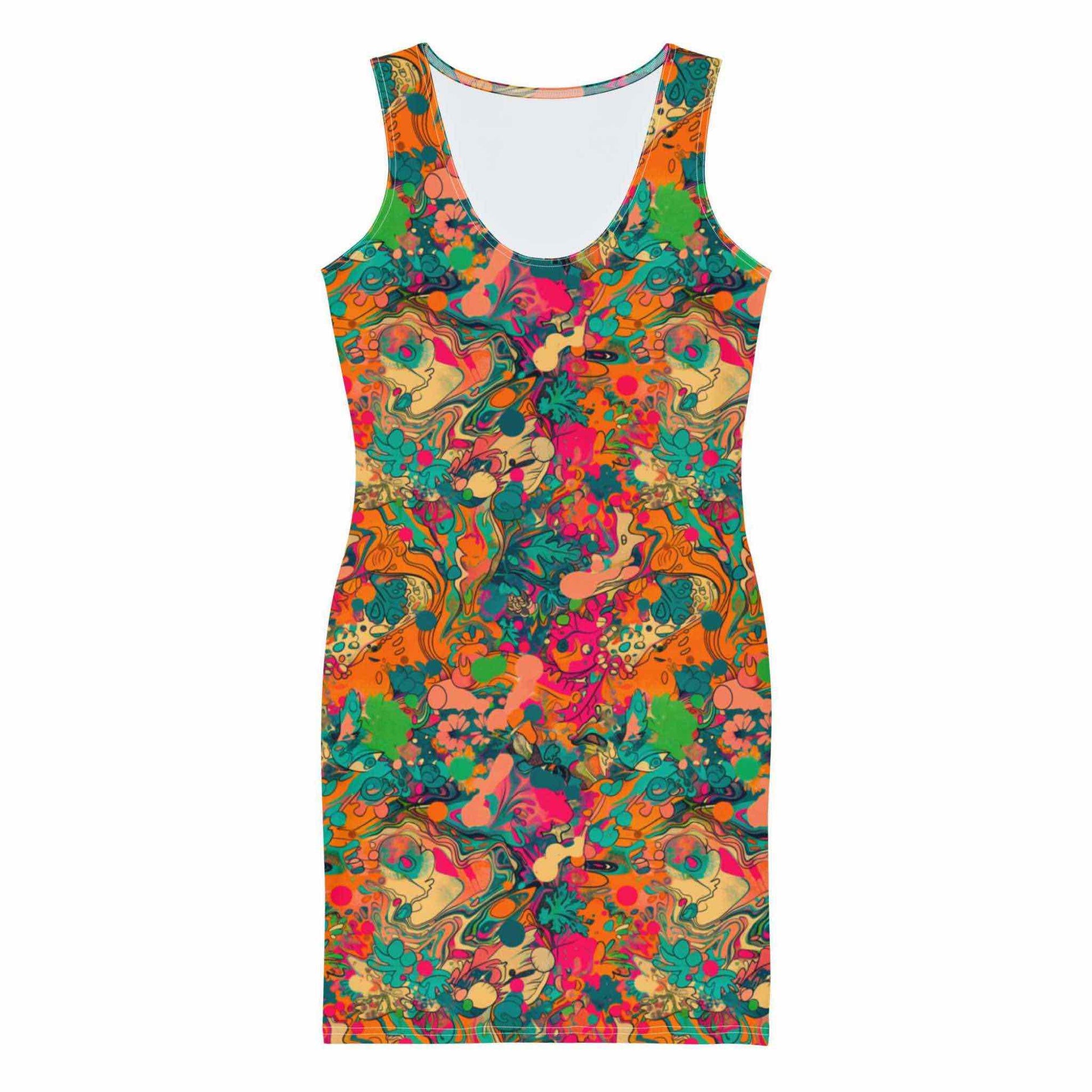 Flatlay of the front of a sleeveless tropical floral bodycon dress. 