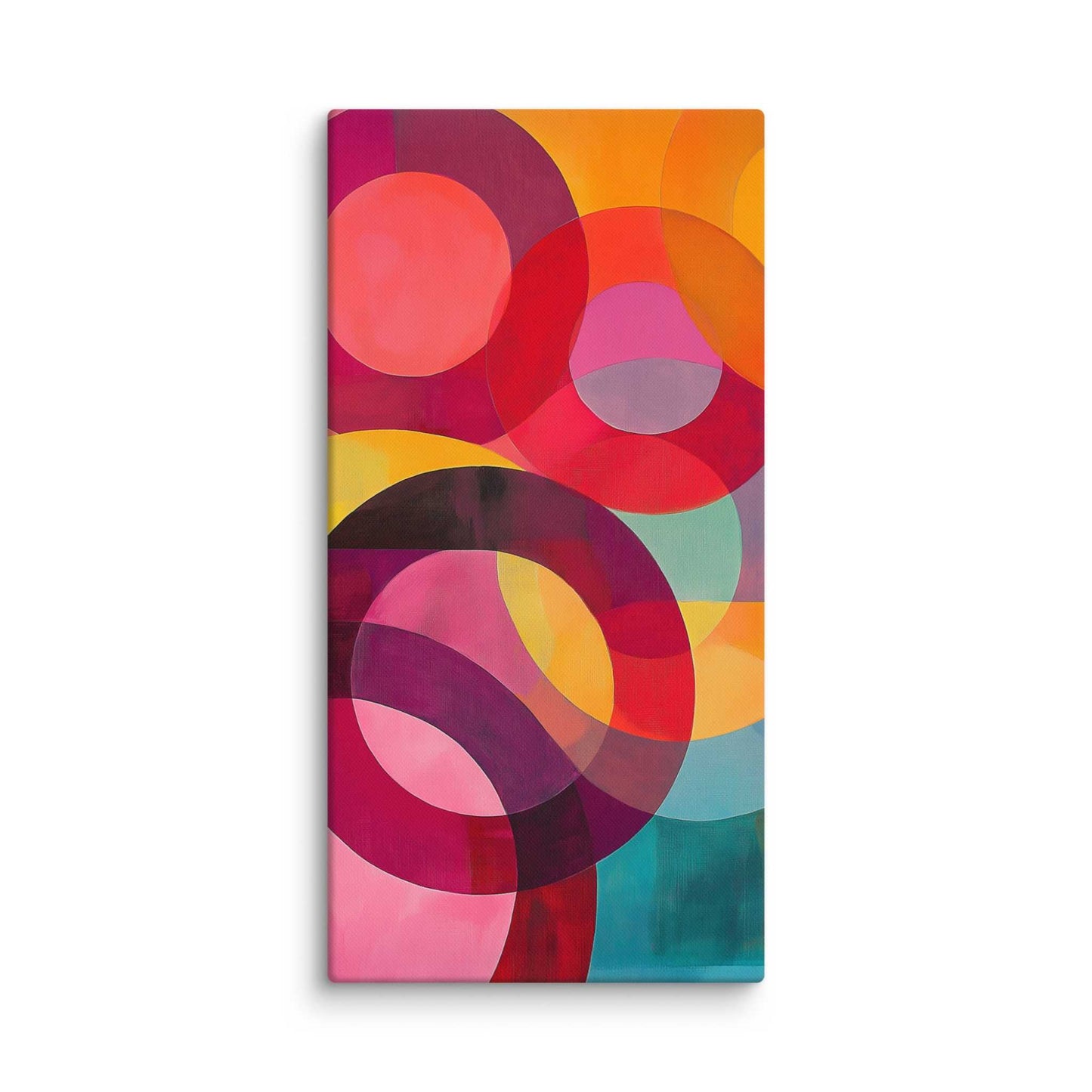 A captivating circular abstract painting featuring vivid reds, pinks, oranges, teal and gold, in 30x60 inches dimension.