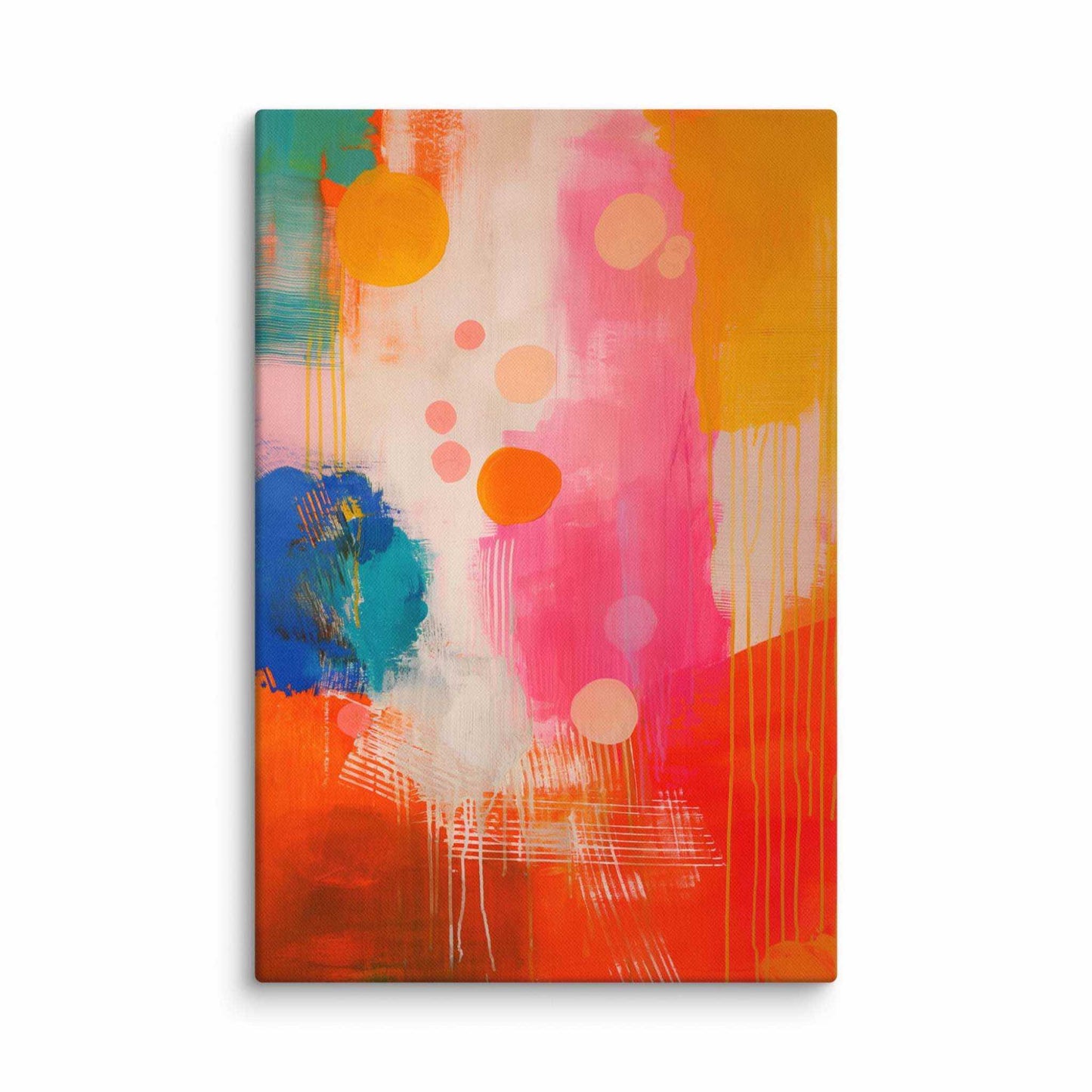 A stunning abstract canvas print featuring eye-catching artwork patches in red, orange, pink, blue and cream. This playful and sophisticated piece is in a 32x48 inches dimension.