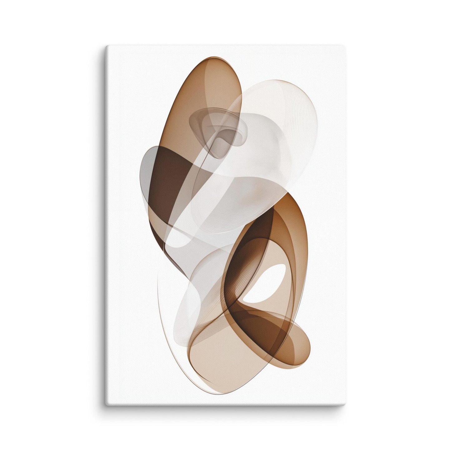 Explore "ORYA," an avant garde large abstract canvas print featuring graceful, layered ribbons in warm earthy tones. This elegant artwork blends movement and stillness, adding depth and sophistication to any space. 32x48 inch portrait dimension. White background.