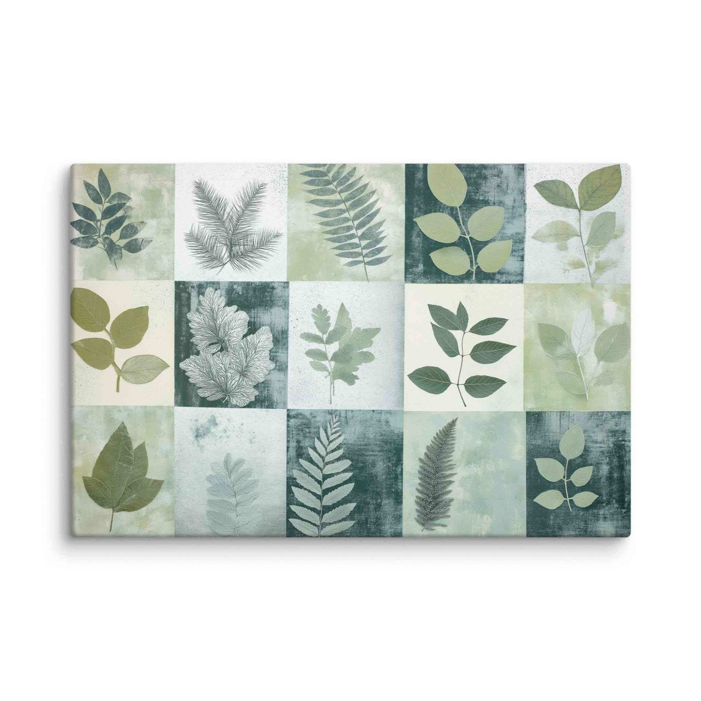 Discover "PHOTOTYPE17," a landscape canvas print showcasing a mesmerizing green botanical cyanotype collage. This unique artwork features an artistic grid of striking leaves. Experience the serene yet scientific beauty of this modern herbarium-inspired piece. Perfect for adding a touch of natural sophistication to your space. 32x48 inch landscape dimension. White background.