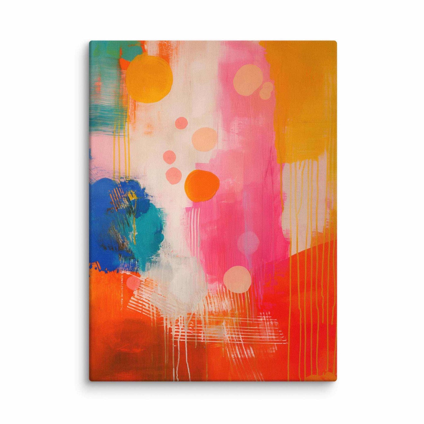 A stunning abstract canvas print featuring eye-catching artwork patches in red, orange, pink, blue and cream. This playful and sophisticated piece is in a 40x55 inches dimension.