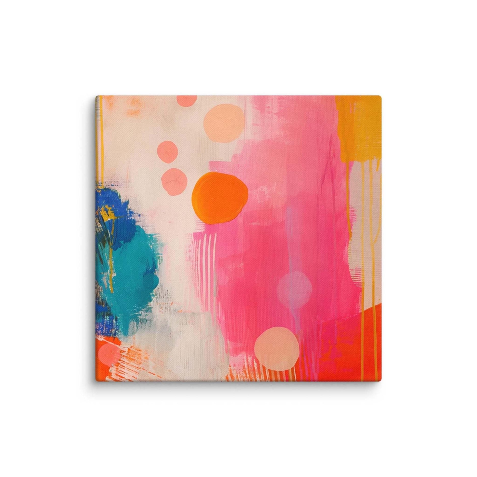 A stunning abstract canvas print featuring eye-catching artwork patches in red, orange, pink, blue and cream. This playful and sophisticated piece is in a 6x6 inches dimension.