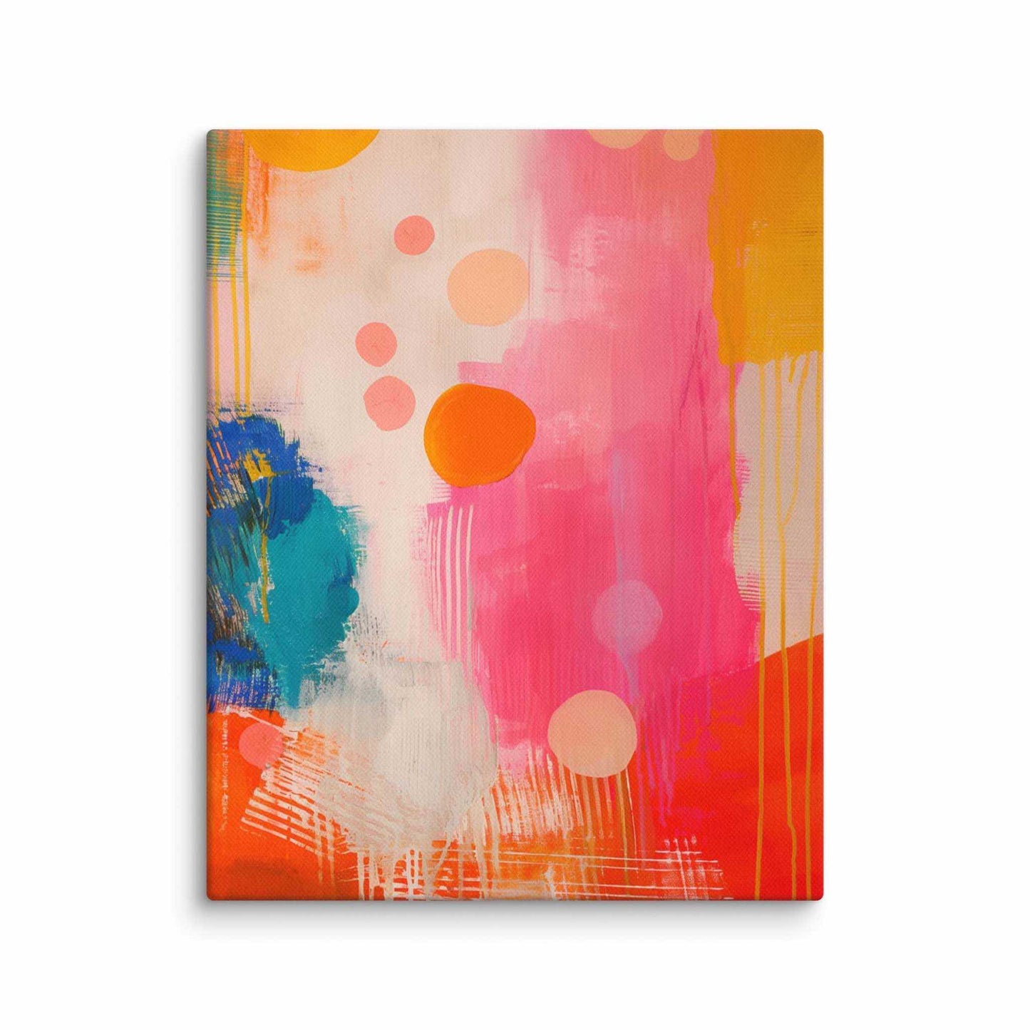 A stunning abstract canvas print featuring eye-catching artwork patches in red, orange, pink, blue and cream. This playful and sophisticated piece is in a 8x10 inches dimension.