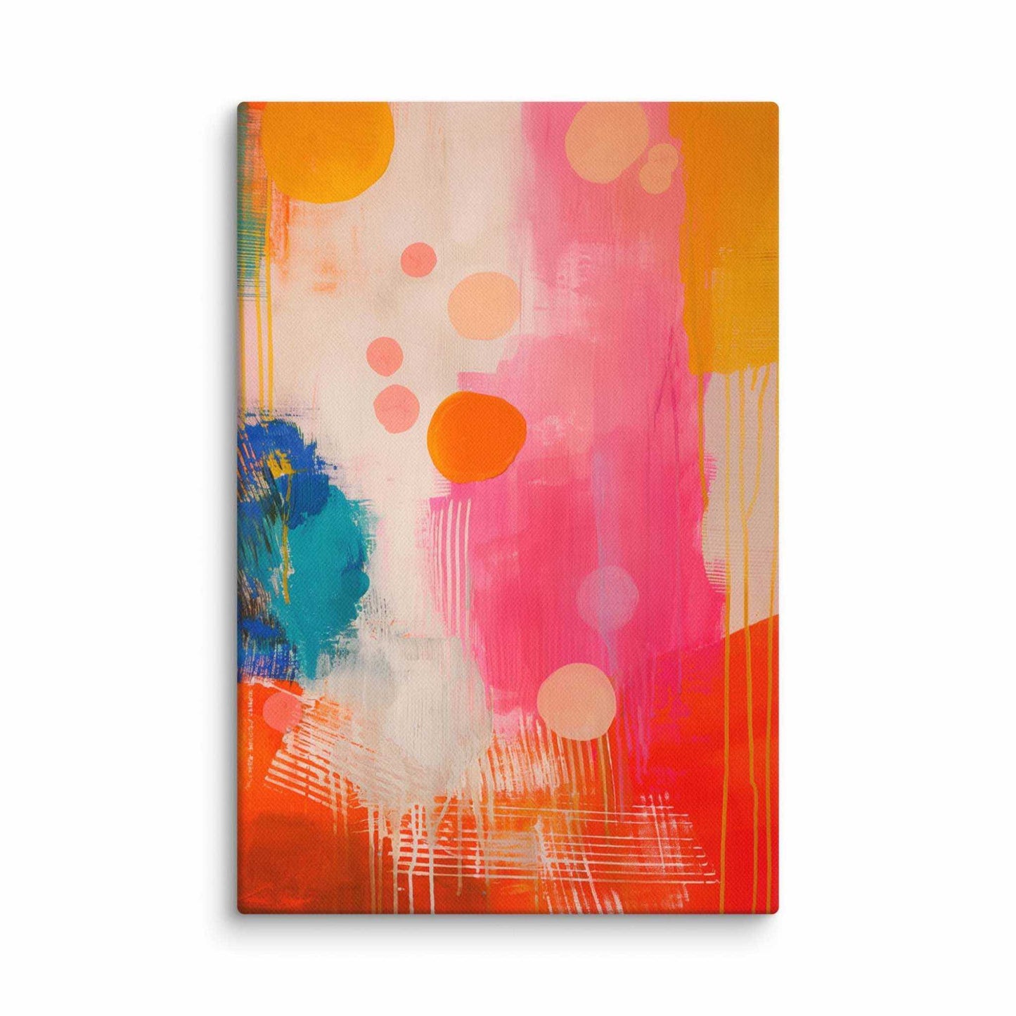 A stunning abstract canvas print featuring eye-catching artwork patches in red, orange, pink, blue and cream. This playful and sophisticated piece is in a 8x12 inches dimension.