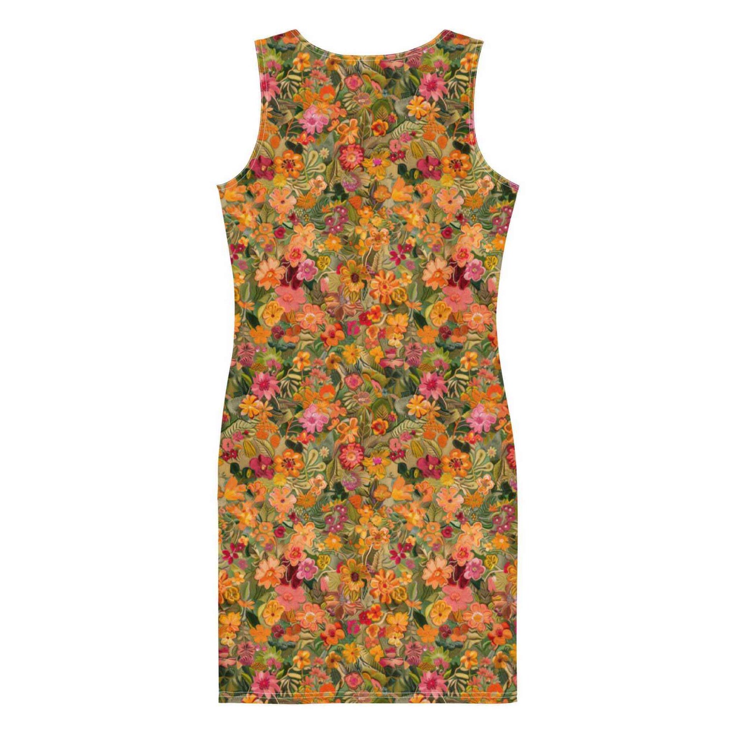 Flatlay of a sleeveless bodycon dress, rear side of dress facing camera. The dress features an abstract floral which is predominantly orange. The effect is colourful and tropica