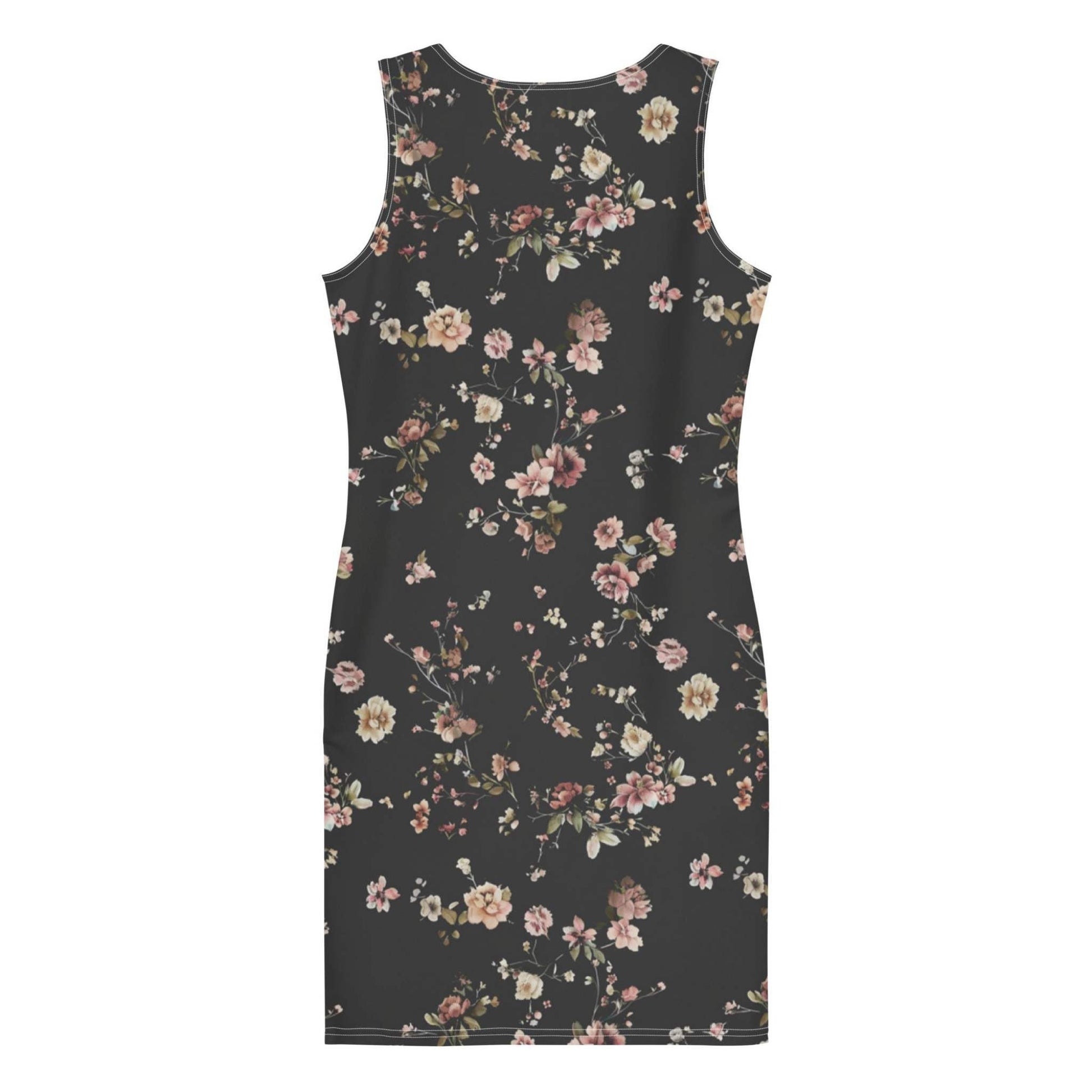 Flat lay of the back of a bodycon dress which features a design of pink flowers against a black background