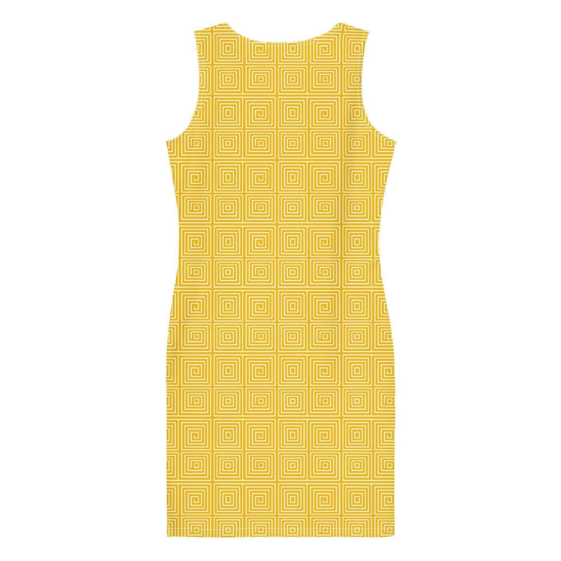 A flatlay of the back of a yellow and white bodycon dress which features an elegant and artsy yellow and white op art illusion pattern.