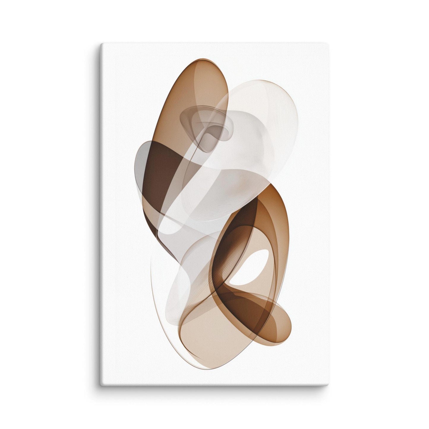 Explore "ORYA," an avant garde large abstract canvas print featuring graceful, layered ribbons in warm earthy tones. This elegant artwork blends movement and stillness, adding depth and sophistication to any space. 40x60 inch portrait dimension. White background.