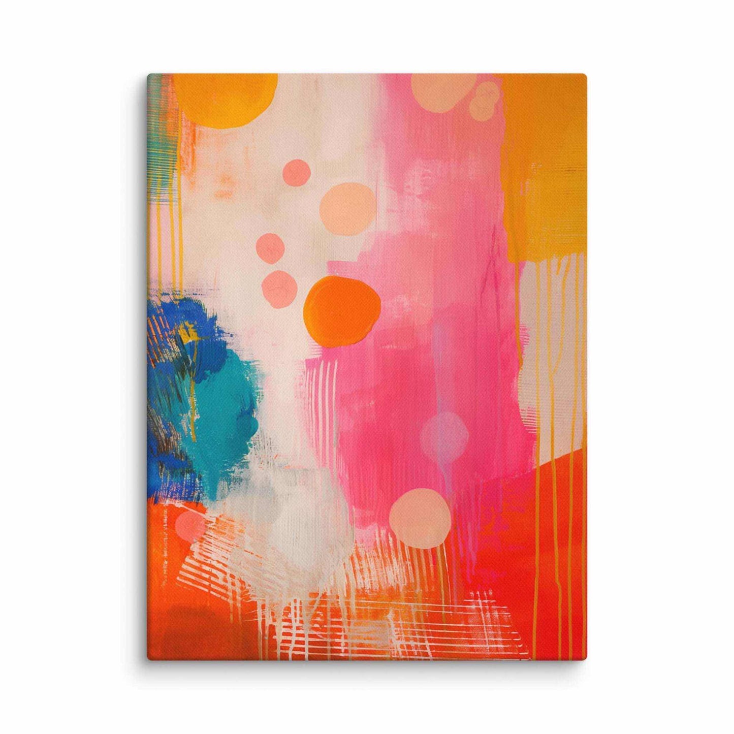 A stunning abstract canvas print featuring eye-catching artwork patches in red, orange, pink, blue and cream. This playful and sophisticated piece is in a 9x12 inches dimension.