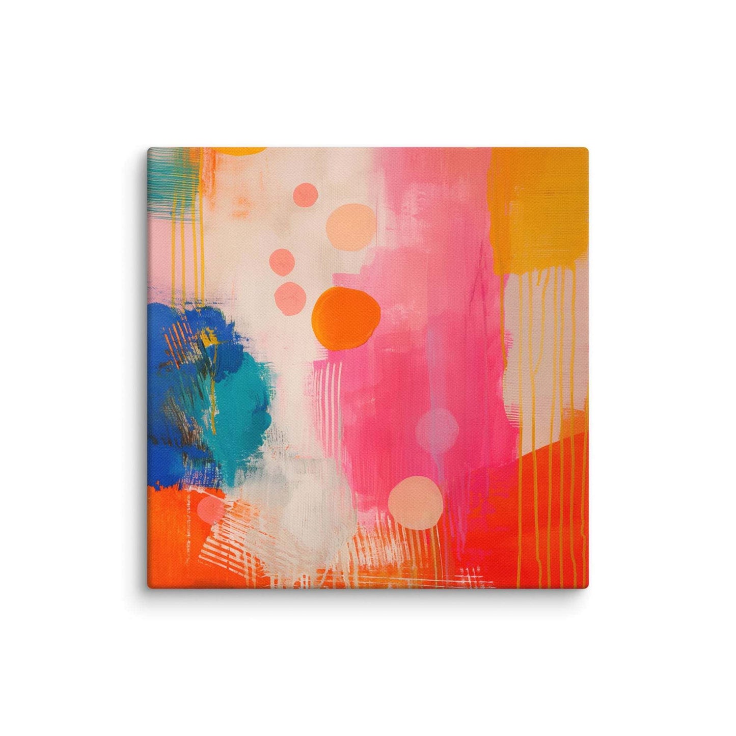 A stunning abstract canvas print featuring eye-catching artwork patches in red, orange, pink, blue and cream. This playful and sophisticated piece is in a 16x16 inches dimension.