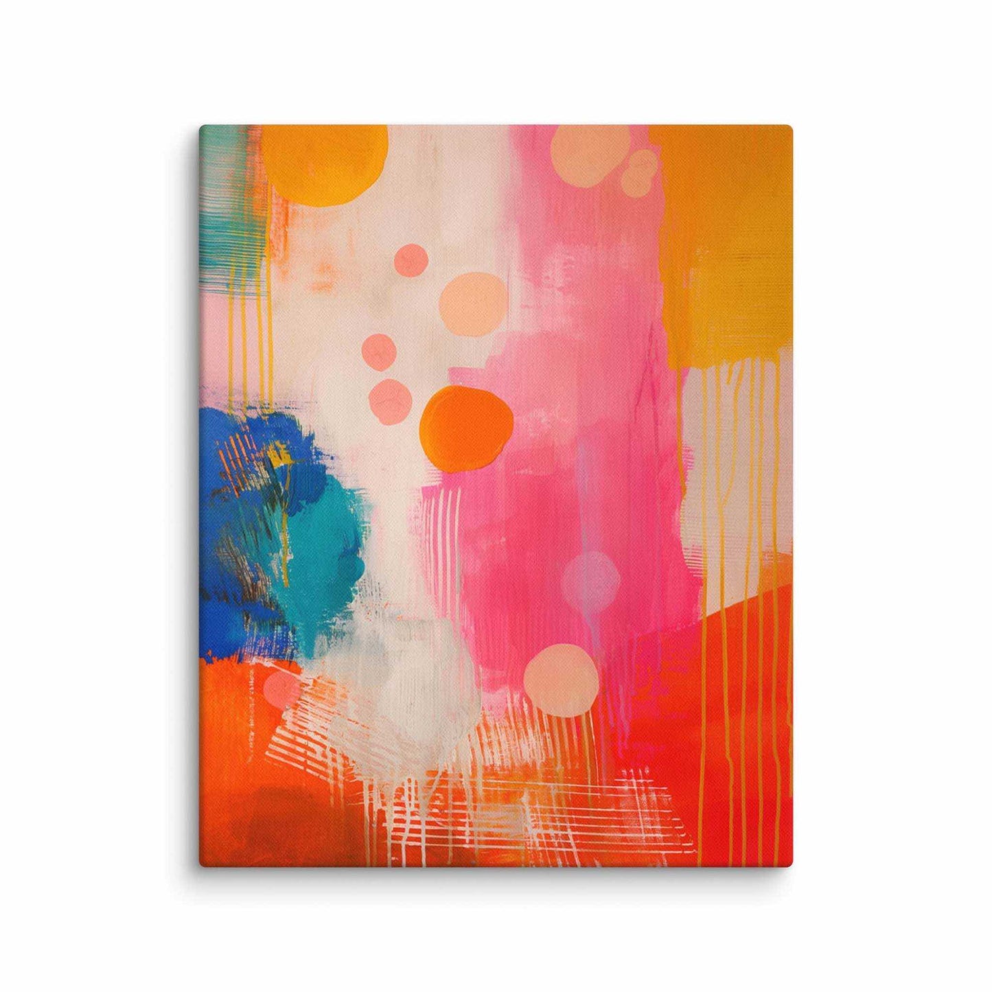 A stunning abstract canvas print featuring eye-catching artwork patches in red, orange, pink, blue and cream. This playful and sophisticated piece is in a 16x20 inches dimension.