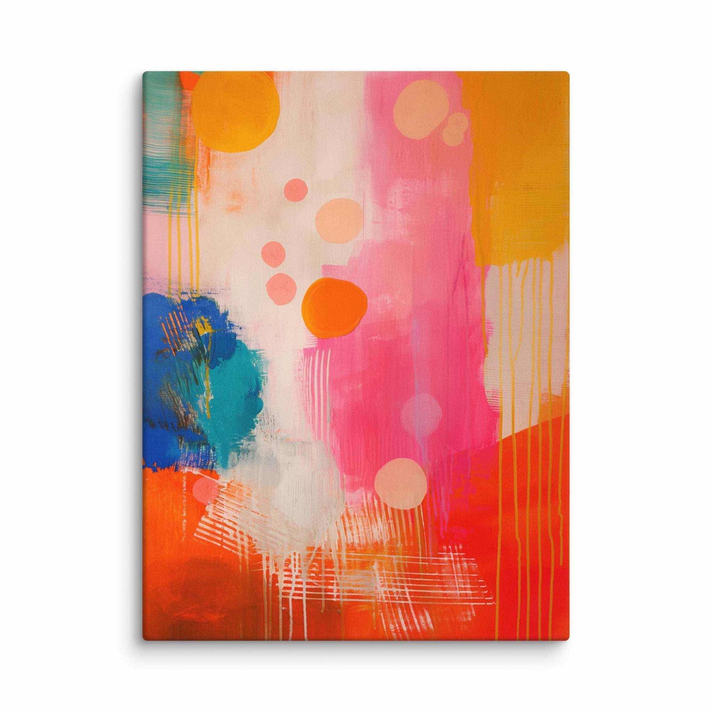 A stunning abstract canvas print featuring eye-catching artwork patches in red, orange, pink, blue and cream. This playful and sophisticated piece is in a 18x24 inches dimension.