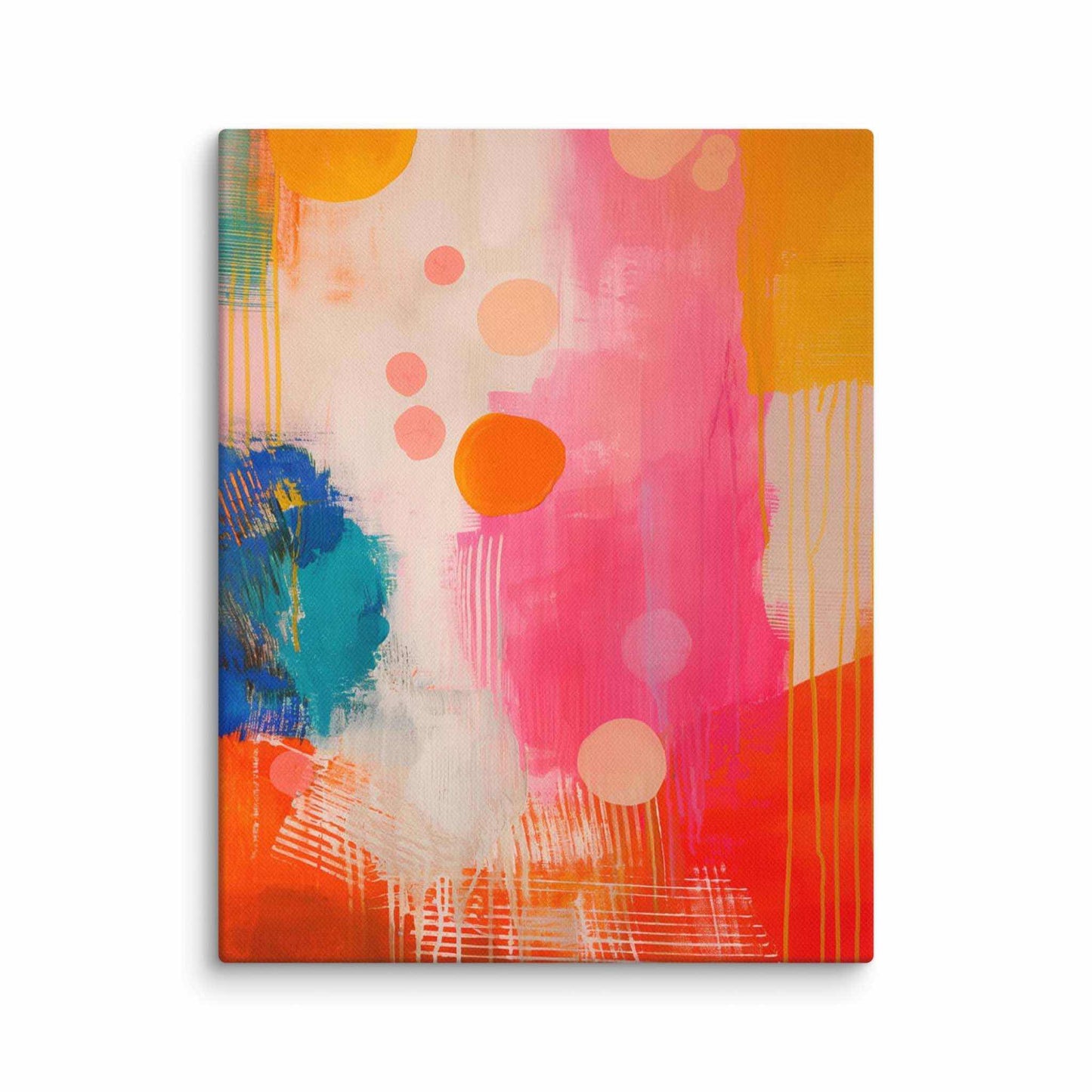 A stunning abstract canvas print featuring eye-catching artwork patches in red, orange, pink, blue and cream. This playful and sophisticated piece is in a 11x14 inches dimension.