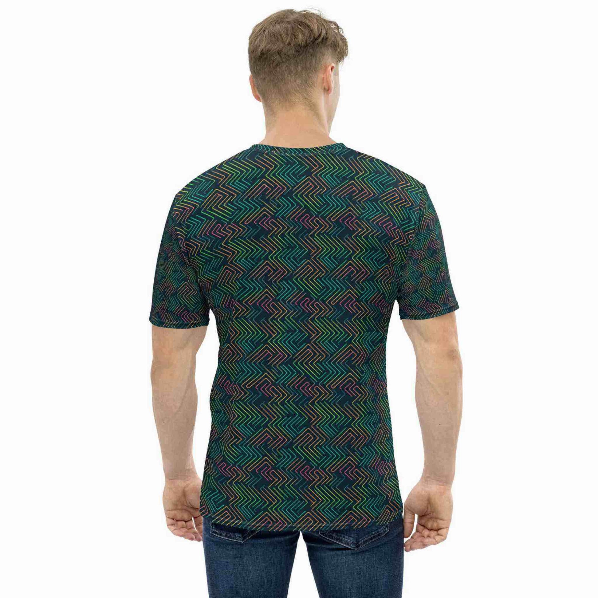 Cool T shirt design featuring a dark green neon pattern, which is geekish yet athletic and confident, worn by a man standing with his back facing the camera. White background.