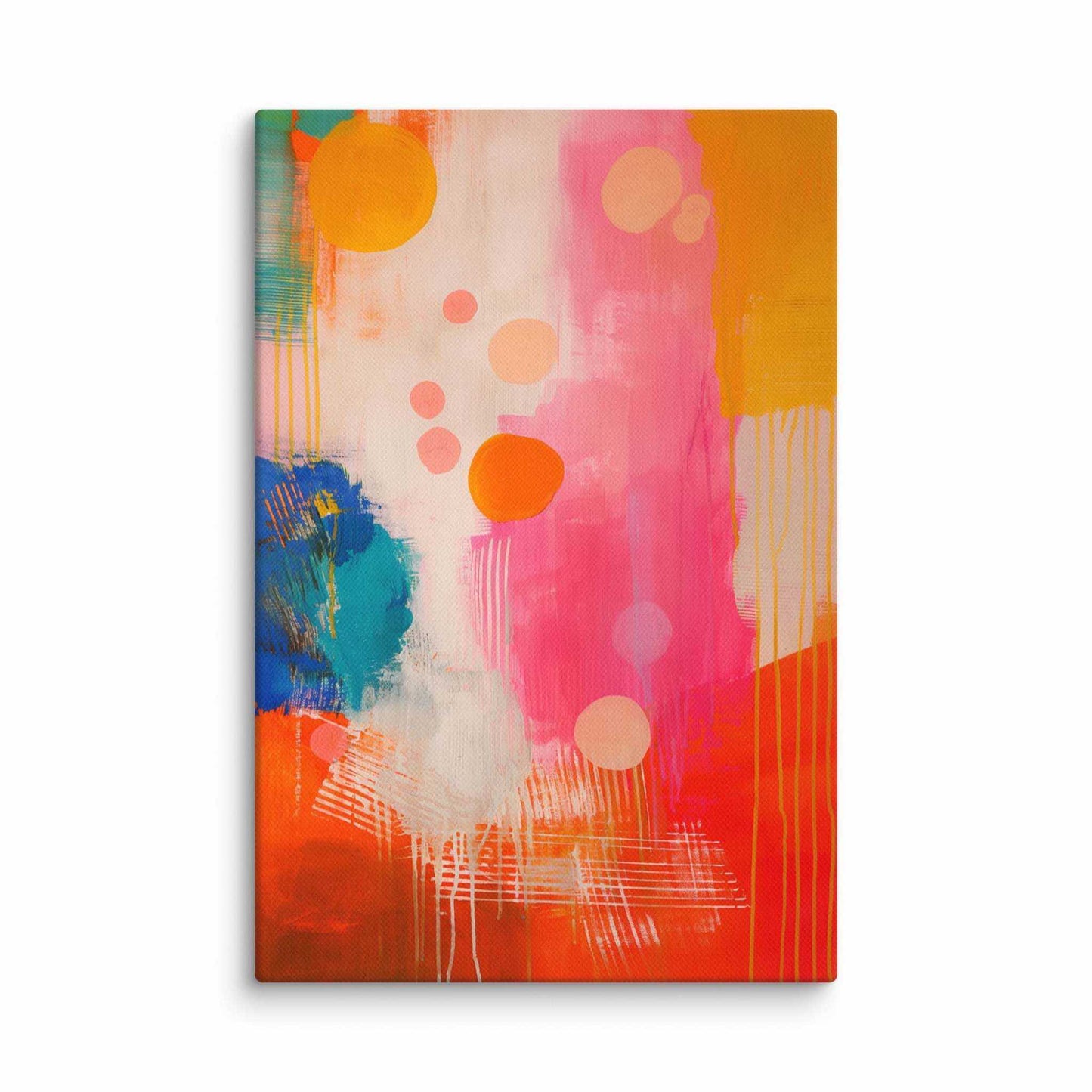 A stunning abstract canvas print featuring eye-catching artwork patches in red, orange, pink, blue and cream. This playful and sophisticated piece is in a 12x18 inches dimension.