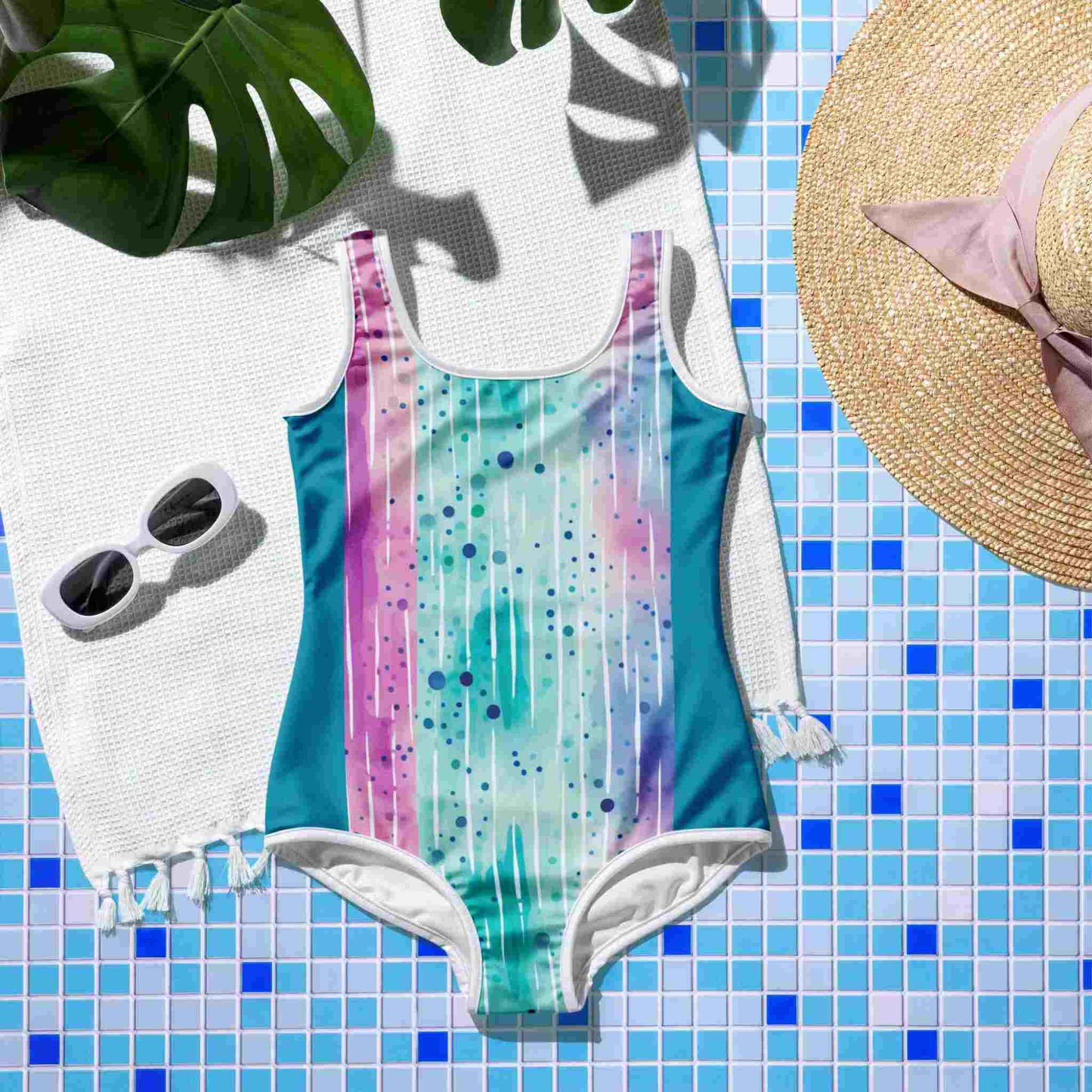 Flat lay of a one-piece swimsuit with an abstract watercolour depicting blue water ripples and modern blue bands facing up, on a blue mosaic floor. A pair of sunglasses, white rug and straw hat lie next to it.