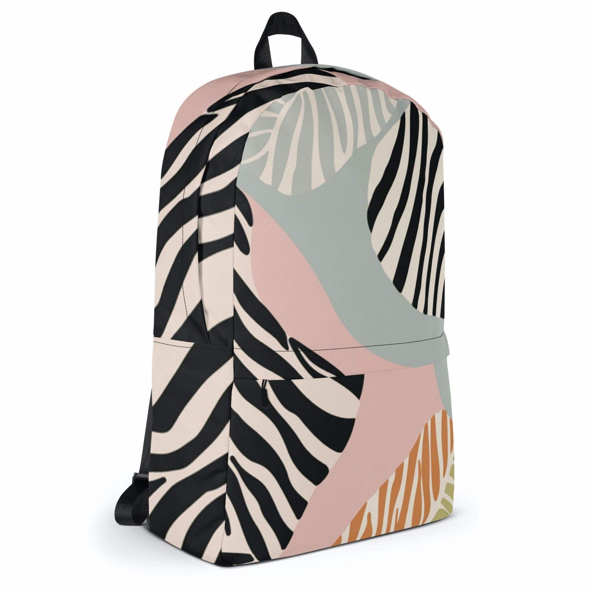 Frontal side view of a backpack, which features a zebra inspired design, with black, soft pink,soft green and tan colours, against a white background.