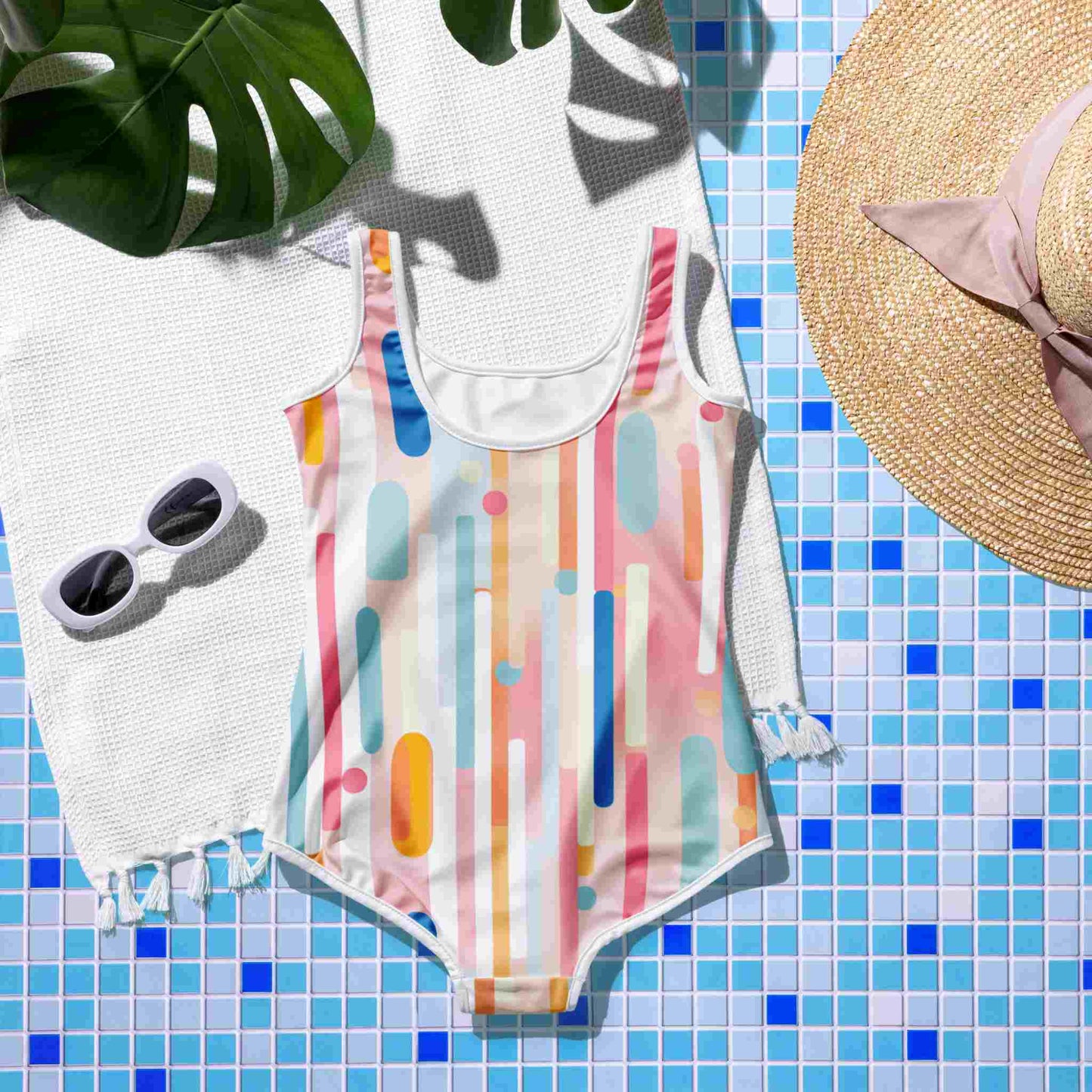 Flat lay of a light candy coloured one-piece swimsuit, back of swimsuit facing up, on a blue mosaic floor. A pair of sunglasses, white rug and straw hat lie next to it.