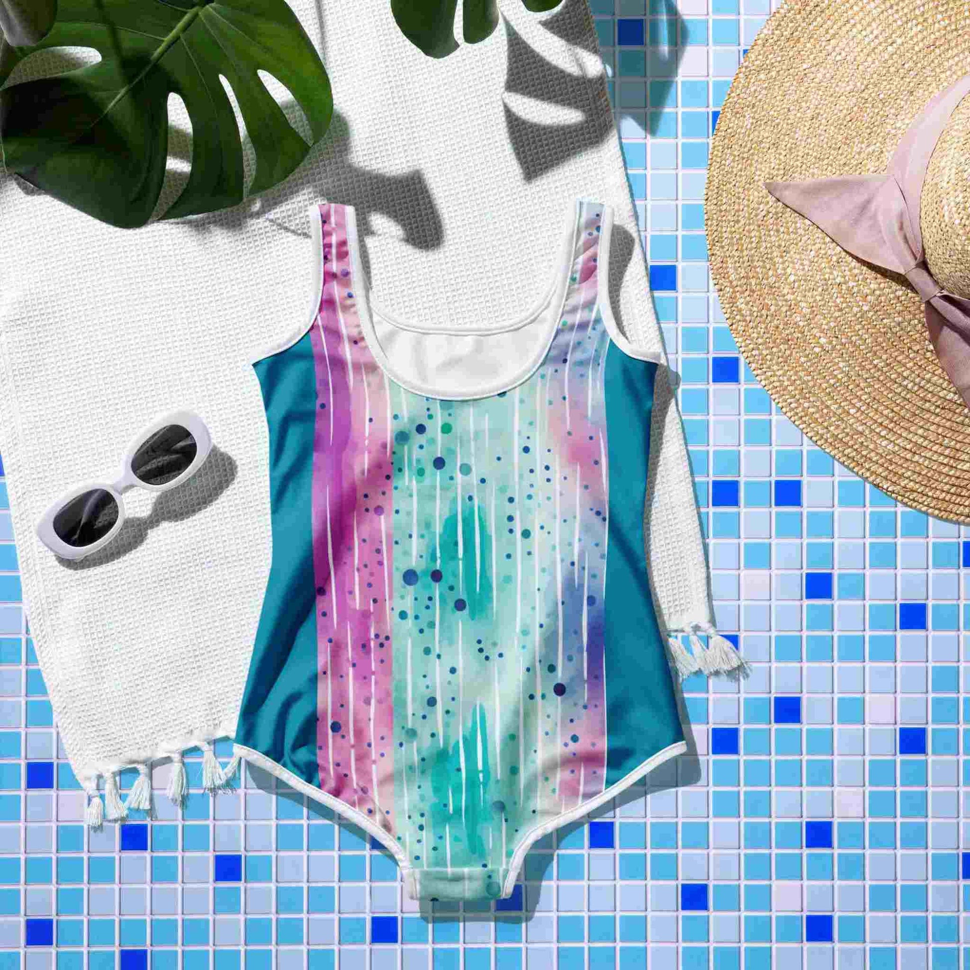 Flat lay of a one-piece swimsuit with an abstract watercolour depicting blue water ripples and modern blue bands facing down, on a blue mosaic floor. A pair of sunglasses, white rug and straw hat lie next to it.