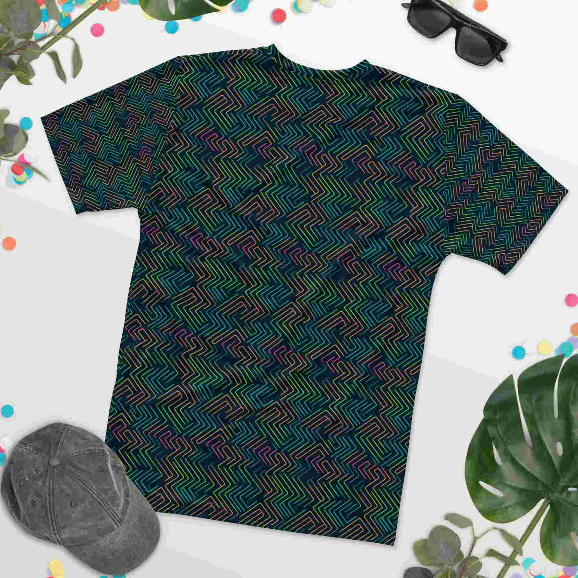 Flatlay of a cool T shirt design featuring a dark green neon pattern, which is geekish yet athletic and confident. Rear side of T shirt faces up. White background.