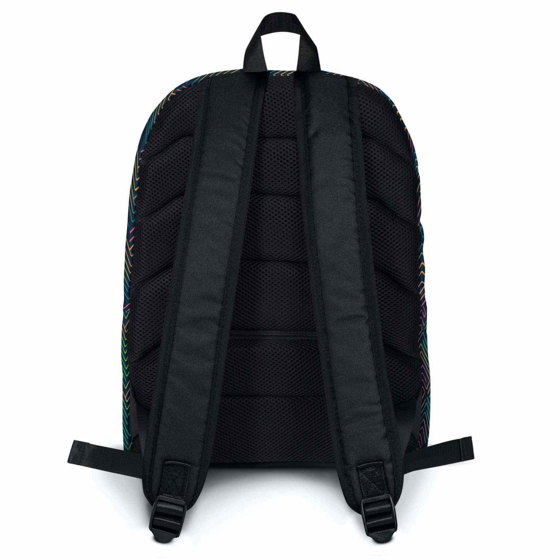 Back view of the backpack, which is in full black fabric.