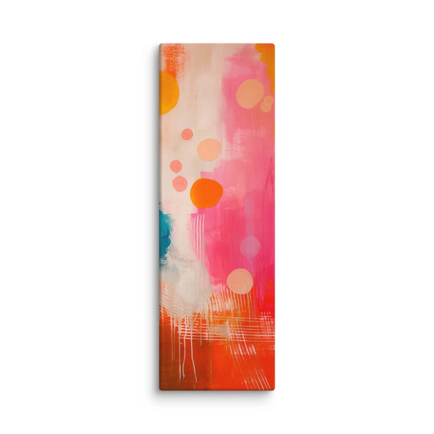 A stunning abstract canvas print featuring eye-catching artwork patches in red, orange, pink, blue and cream. This playful and sophisticated piece is in a 12x36 inches dimension.