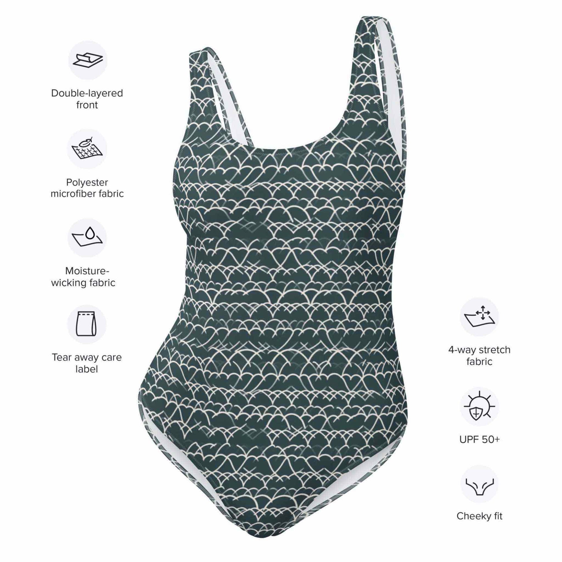 The characteristics of the swimsuit set out in surrounding text. The qualities of the swimsuit are double-layered front, polyester microfiber fabric, moisture wicking fabric, tear away care label, 4-way stretch fabric, UPF 50+band cheeky fit.