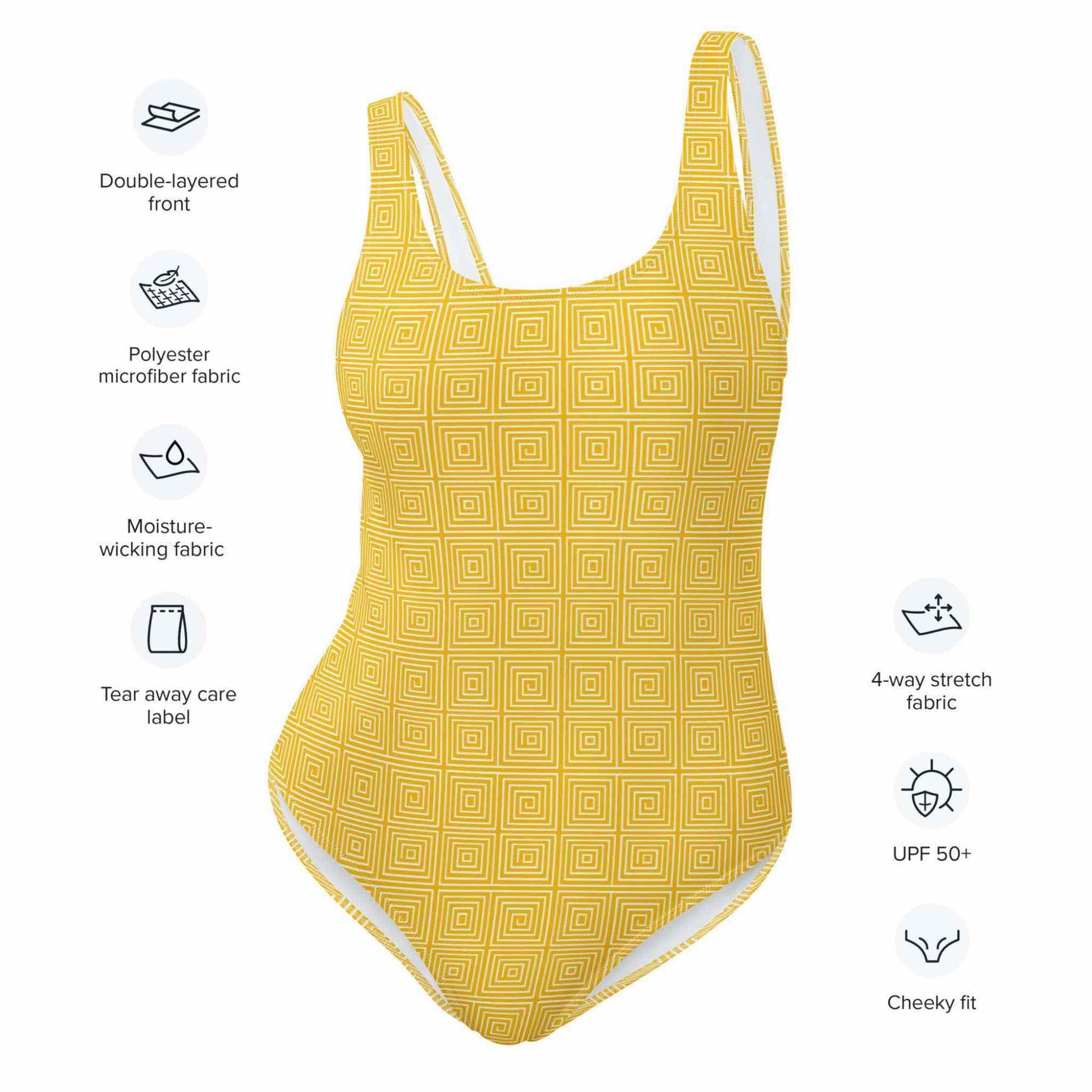 The characteristics of the swimsuit set out in surrounding text. The qualities of the swimsuit are double-layered front, polyester microfiber fabric, moisture wicking fabric, tear away care label, 4-way stretch fabric, UPF 50+band cheeky fit.